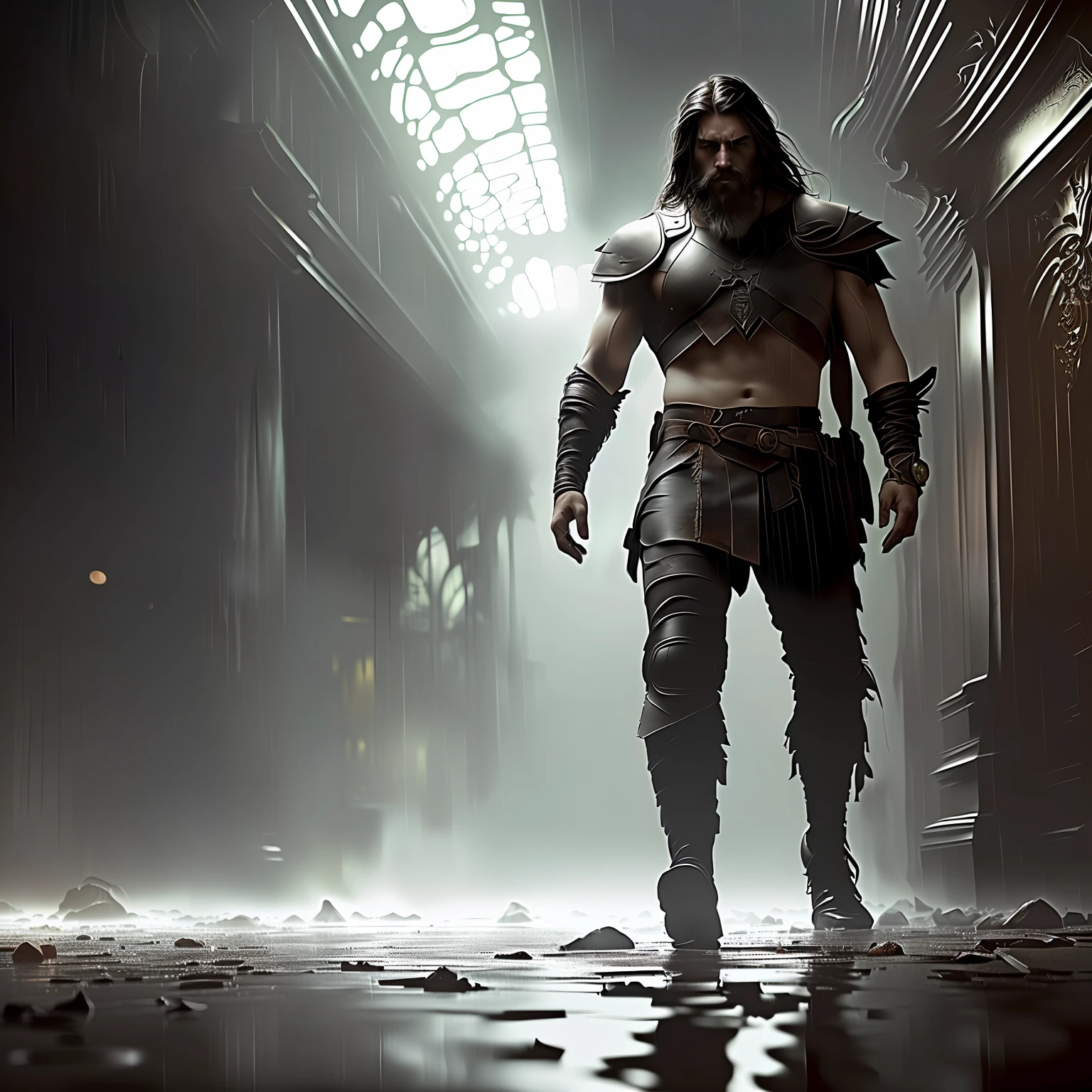 photo of the most beautiful artwork in the world featuring soft
lustrous, ((epic heroic fantasy muscular rugged wet
wounded hero angry looking with long hair and long beard
and fierce looking in a dynamic posture dying on the floor,
fantastic location, majestic cluttered environment)), full body
8k unity render, action shot, skin pores, very dark lighting,
heavy shadows, detailed, detailed face, (vibrant, photo
realistic, realistic, dramatic, dark, sharp focus, 8k),
(weathered damaged old worn leather outfit:1.4),
(intricate:1.4), decadent, (highly detailed:1.4), digital
painting, octane render, artstation, concept art, smooth,
sharp focus, illustration, art by artgerm, (loish:0.23), wlop
ilya kuvshinov, and greg rutkowski and alphonse mucha
gracias, (global illumination, studio light, volumetric light),
heavy rain, particles floating