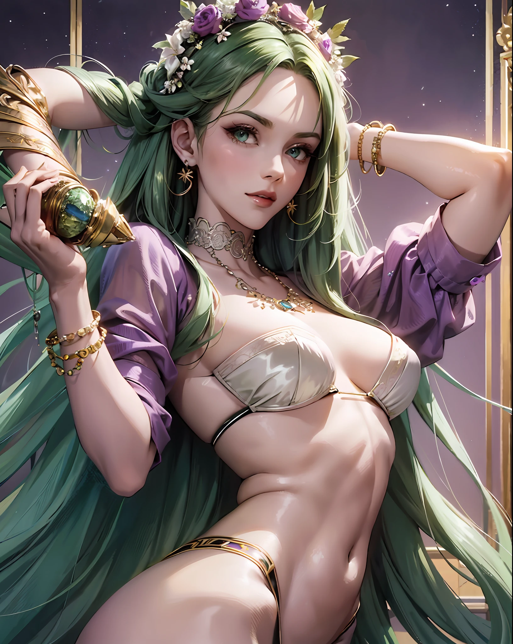 (((GREEN HAIR, [PERFECT REALISTIC EYES])))), ultra realistic 8k CG, perfect face, flawless, clean, masterpiece, professional artwork, famous art, cinematic lighting, cinematic flower, perfect face, beautiful face, beautiful eyes, (((perfect female body, narrow waist))), beautiful queen, royal, divine, goddess, (royal palace), fantasy, dreamlike, unreal, science fiction, (SMALL breasts), beautiful LILAC AND PURPLE clothes, lace,  lace trim, lace legwear, nsfw, breasts out, absurdly long hair, very long hair, (rich: 1.4), prestige, luxury, jewelry, diamond, gold, pearl, gem, sapphire, ruby, emerald, intricate detail, delicate pattern, sexy, charming, seductive, seductive, erotic, charming, hair ornament, necklace, earrings, bracelet, armband, looking at the viewer,