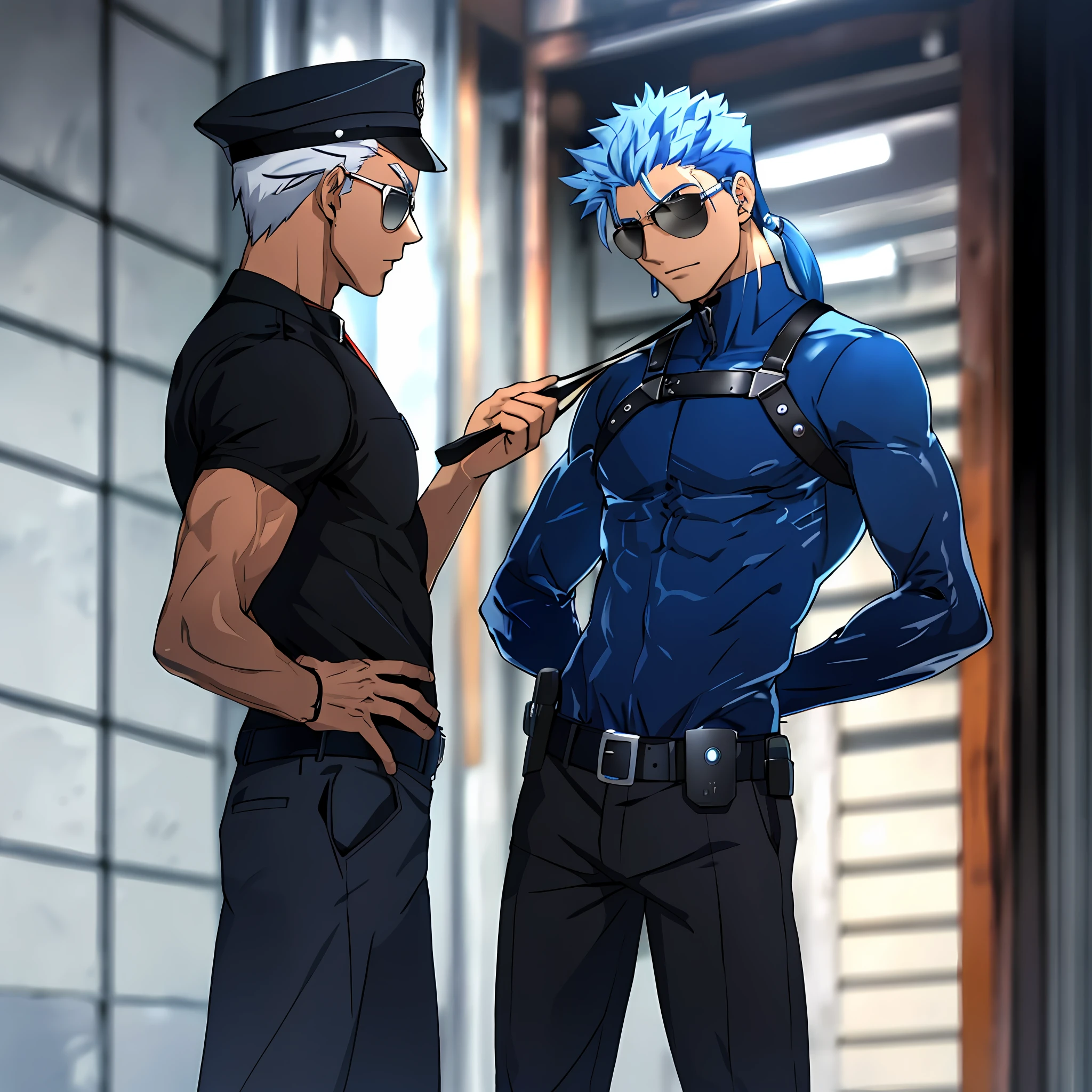 ((Masterpiece), best quality, emotional anime, immersive scene), accurate anatomical depiction of characters, detailed facial features, ( emiya (archer)
 in police leather uniform on the left, silver hair, black police uniform, holding a leash, sun glasses), (cu chulainn in leather harness on the right, blue hair, short ponytail,sun glasses, hands behind back, leather collar with a leash), eye focus, fate unlimited blade works, fate style,