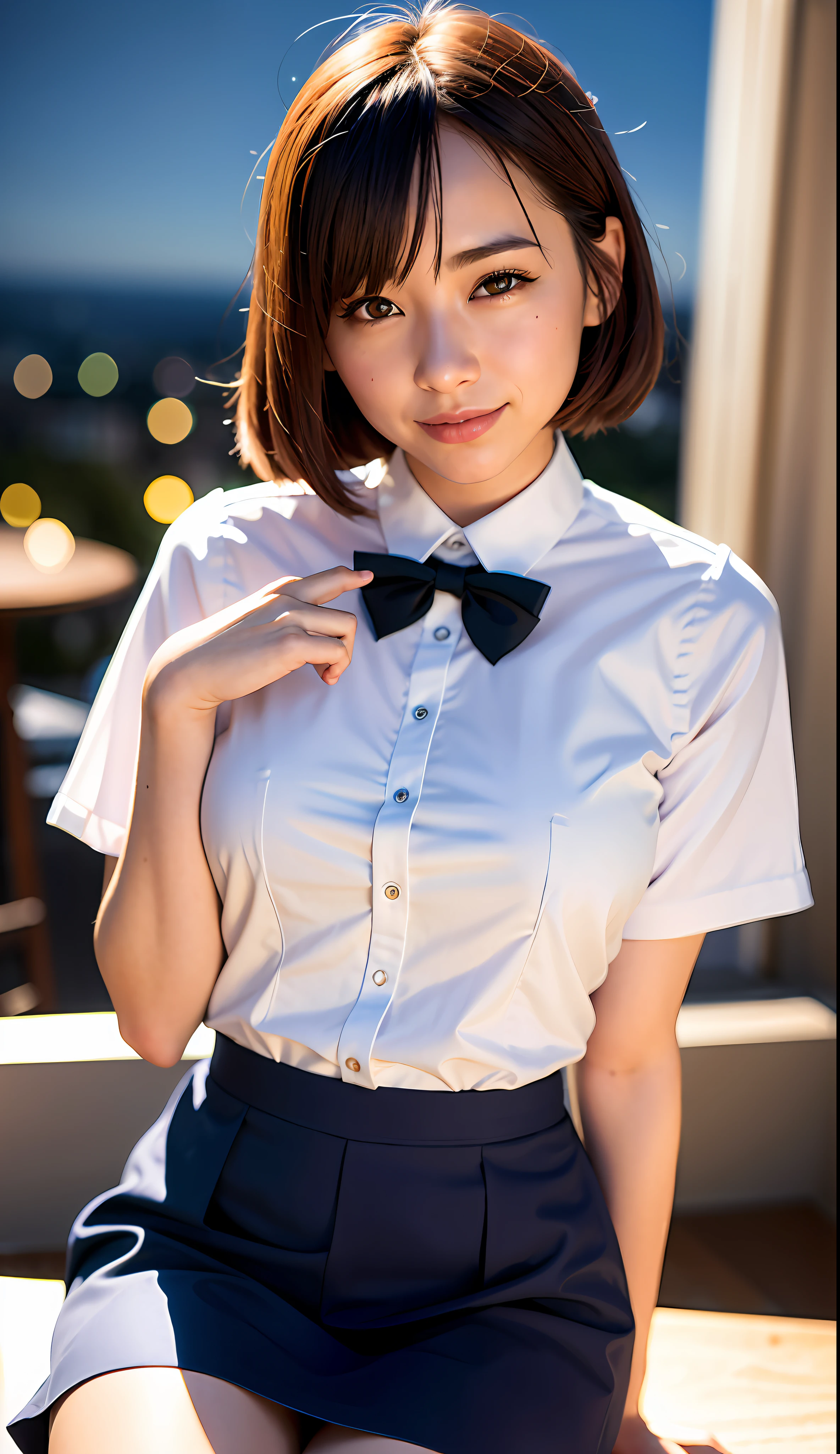 (8k, RAW photos, top quality, masterpieces: 1.2), (realistic, photorealistic: 1.37), ultra detail,
1 girl, cute, solo, beautiful detailed sky, detailed café, night, sitting, dating, (blush nose), (smile: 1.1), (mouth closed), big breasts, seductive smile, big apartment, professional lighting, Sony A7R4, Zessy 50mm f1.8,
medium-breasted, beautiful detail eyes, (collared shirt: 1.1), bow tie, pleated skirt, (short hair: 1.2), floating hair,