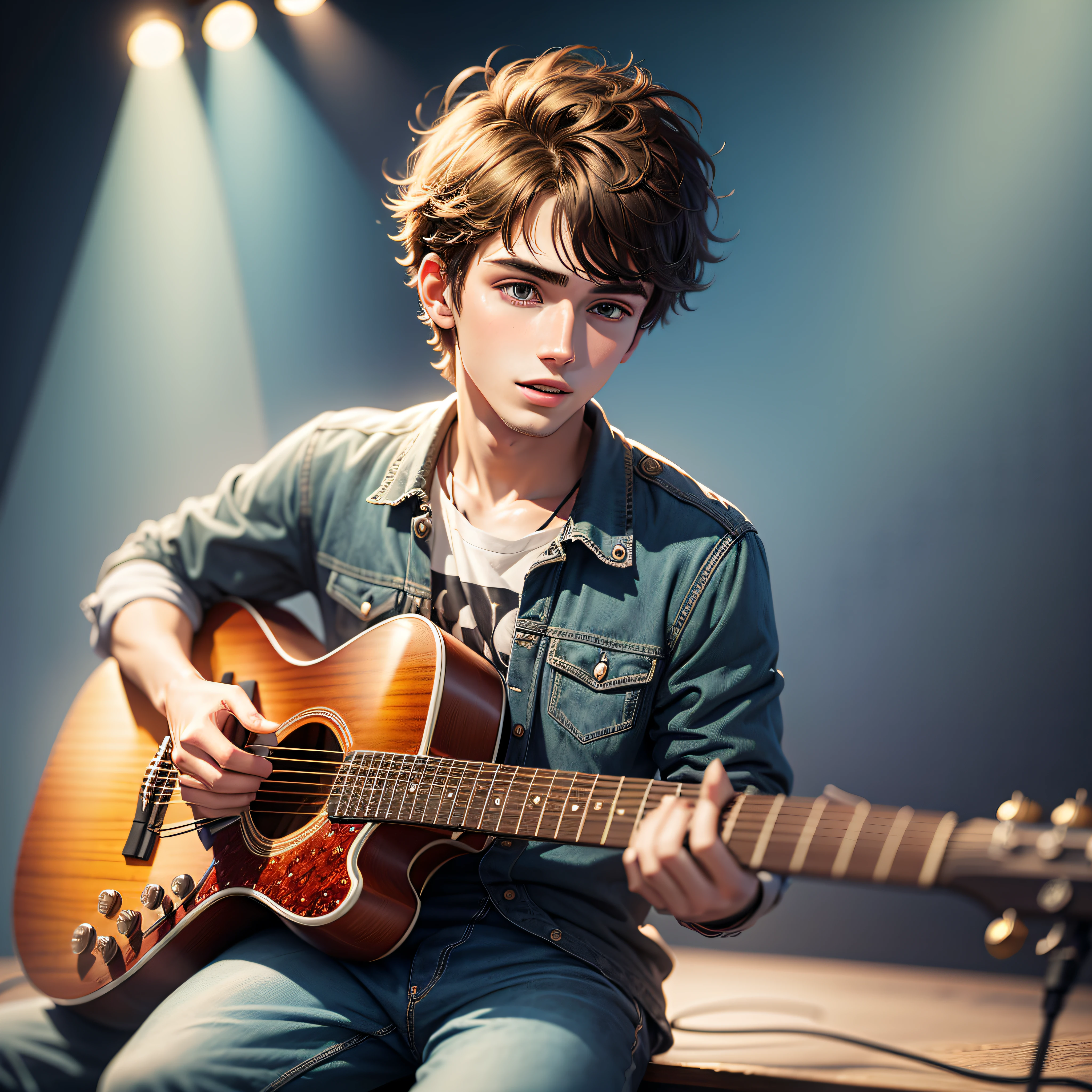 20 year old boy on stage with his guitar, cartoon, high definition, with many details, --auto --s2