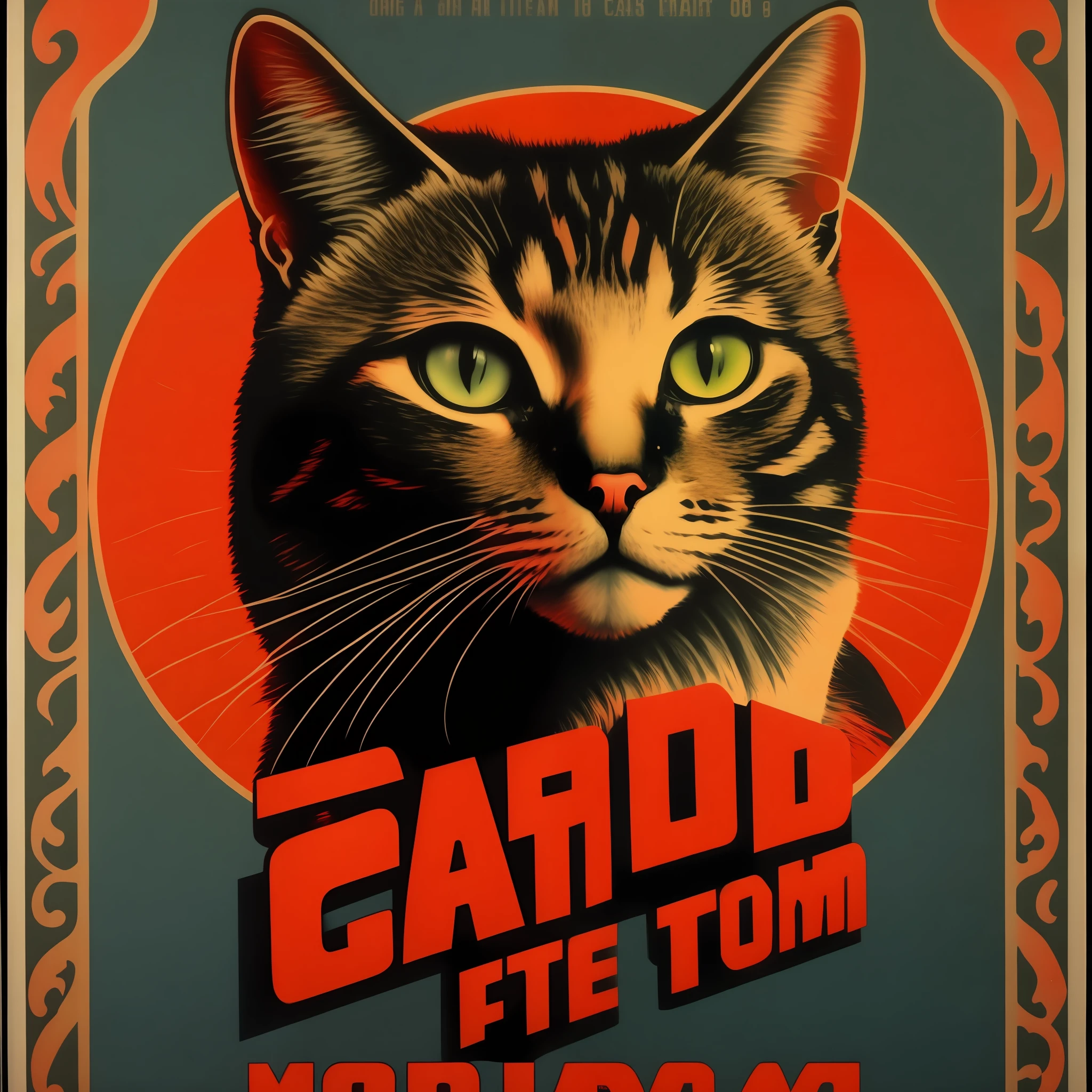 a retro horror vhs cover poster of, a widl cat from the 70s, on sportswear with a big applause sign in the back, horror, red, john carpenter