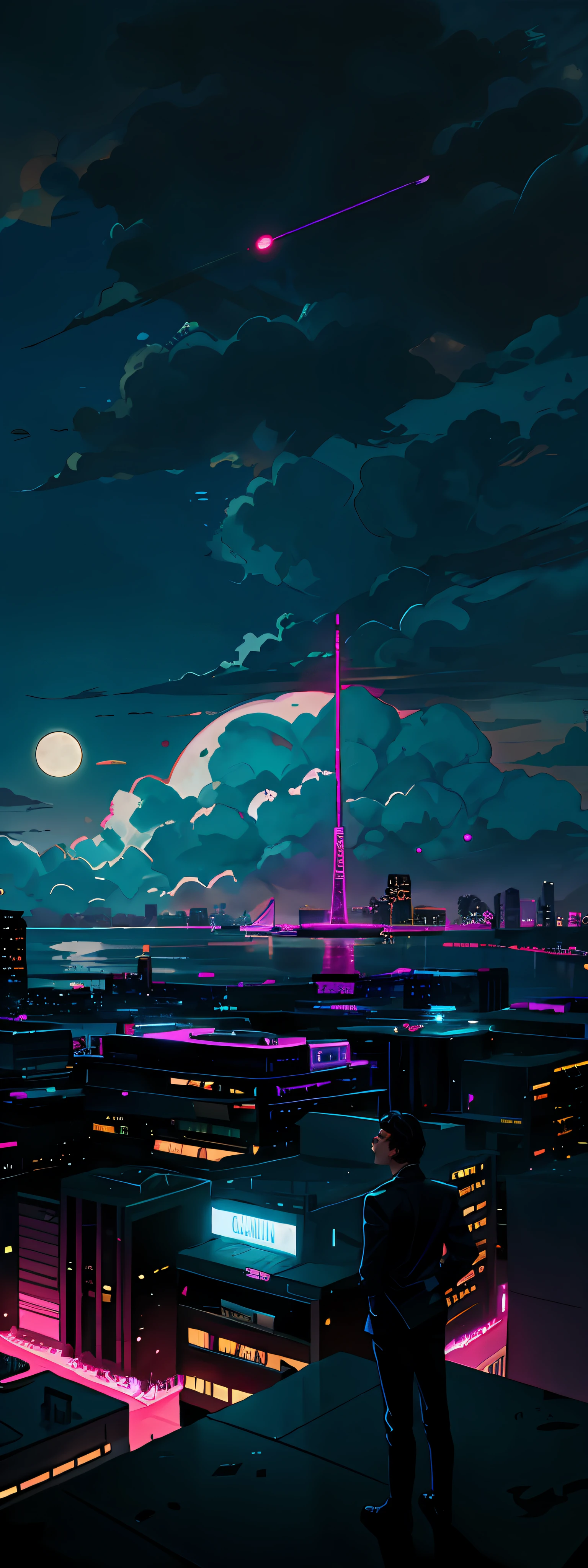 A city background, synthwave, the moon as a highlight between the clouds