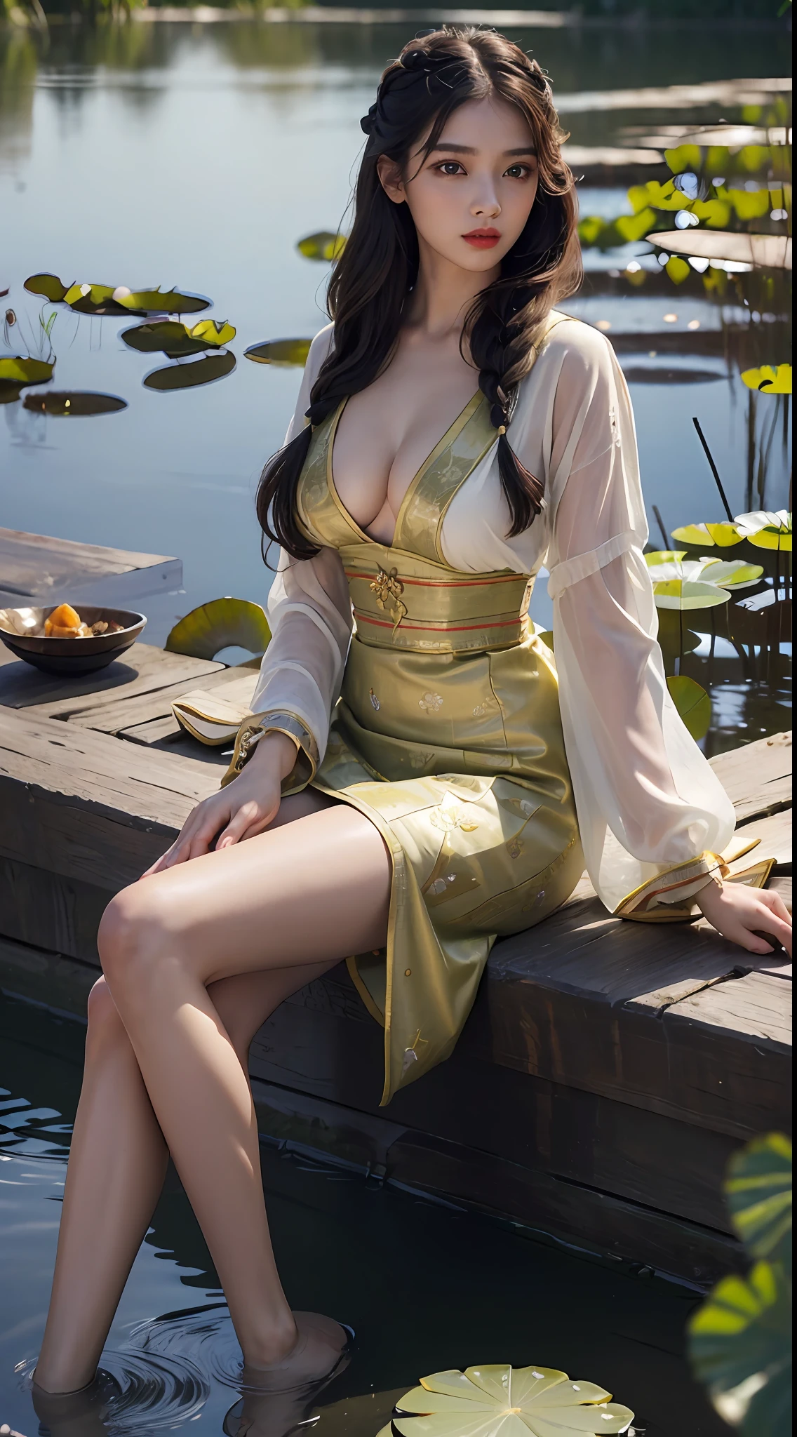 ((top quality, 8k, masterpiece: 1.3)), 1 girl, beauty: 1.2, (random hairstyle), ((lotus pond)), (gaze at loved ones), super detailed face, detailed eyes, double eyelids, very long hair, (((antique clothes)), correct anatomy, perfect body, standing, long legs, red lips, big breasts, sitting, (stars at night), (charming)