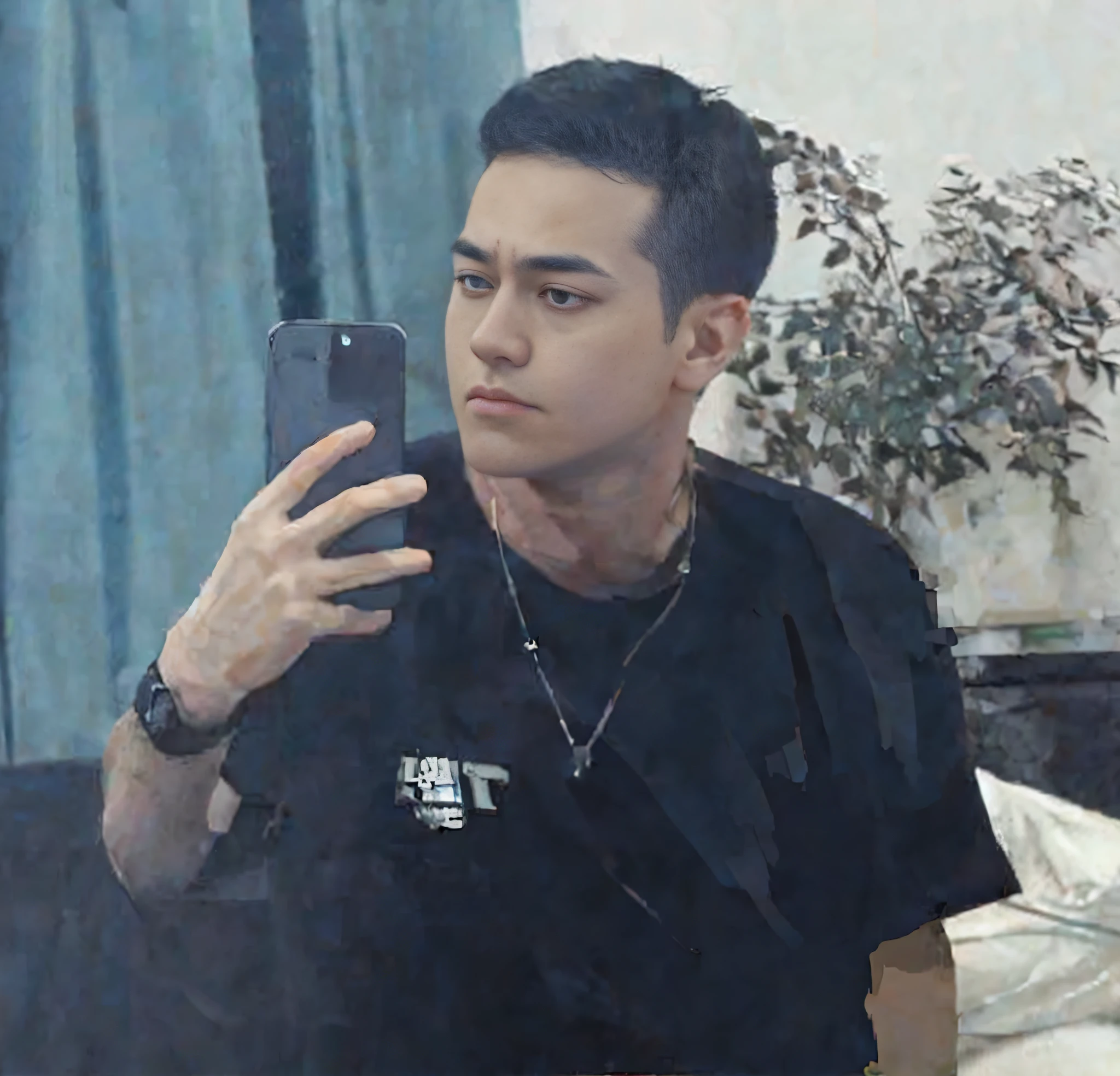 A strong man taking a selfie with a mobile phone, big eyes, big eye bags, red eye sockets, gaze down, look down at the phone in his hand, bite his lips, frown, feel discomfort, purse his lips, muscular, short black hair, thick big muscles, muscles, super high resolution, ray tracing, volumetric light and shadow, super high resolution, rich background, episodic, realistic, 1boy,