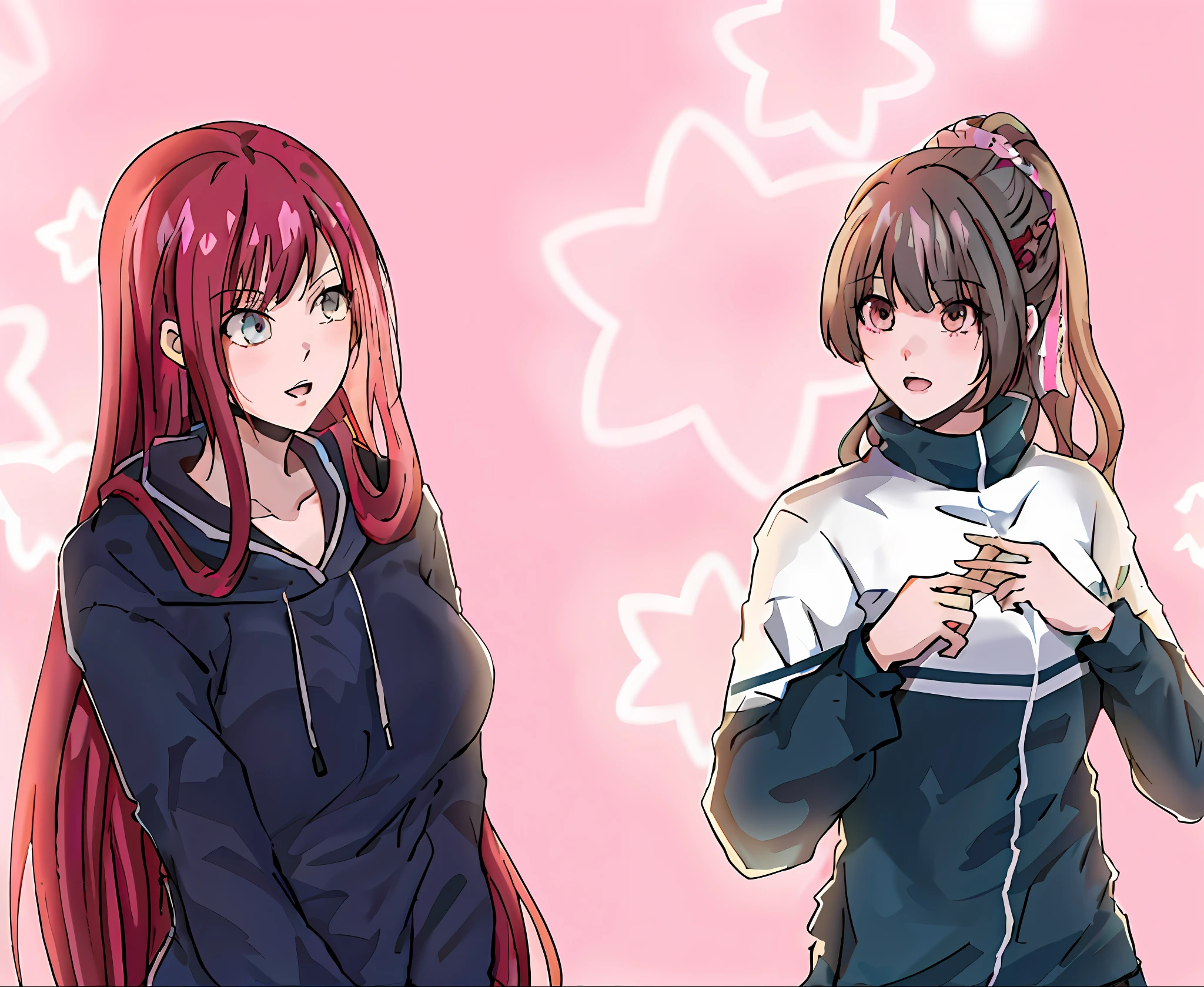 anime characters in a pink background with a star pattern, in an anime style, in anime style, ecchi anime style, two beautiful anime girls, anime girls, realistic anime artstyle, anime art style, digital anime illustration, anime style portrait, anime artstyle, cute anime style, digital anime art!!, nixeu and sakimichan, realistic anime art style