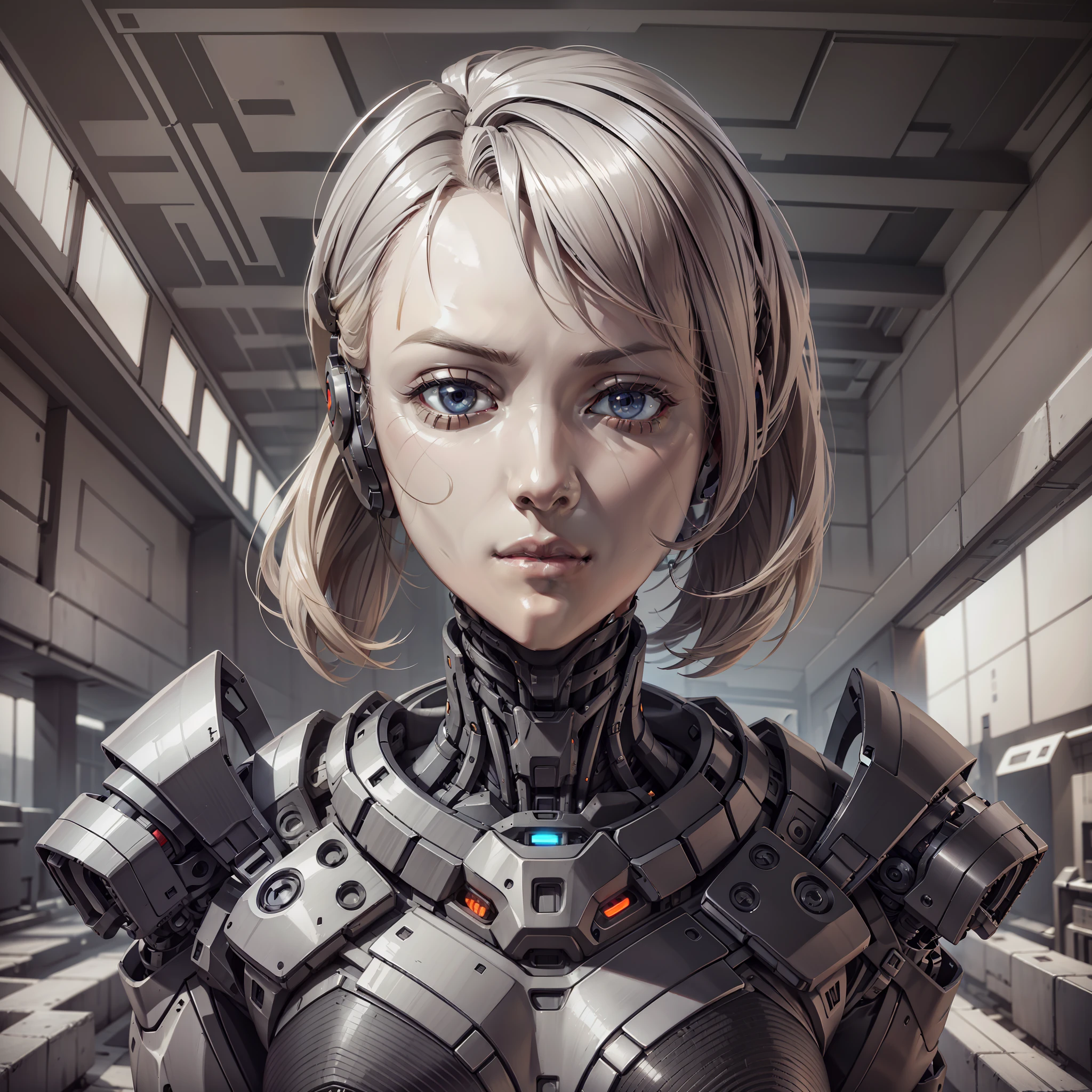 Android ultra realistic rich in technological details with machine body in exoskeleton up to the neck, artificially human face in medium plane, 3d, hyper realistic