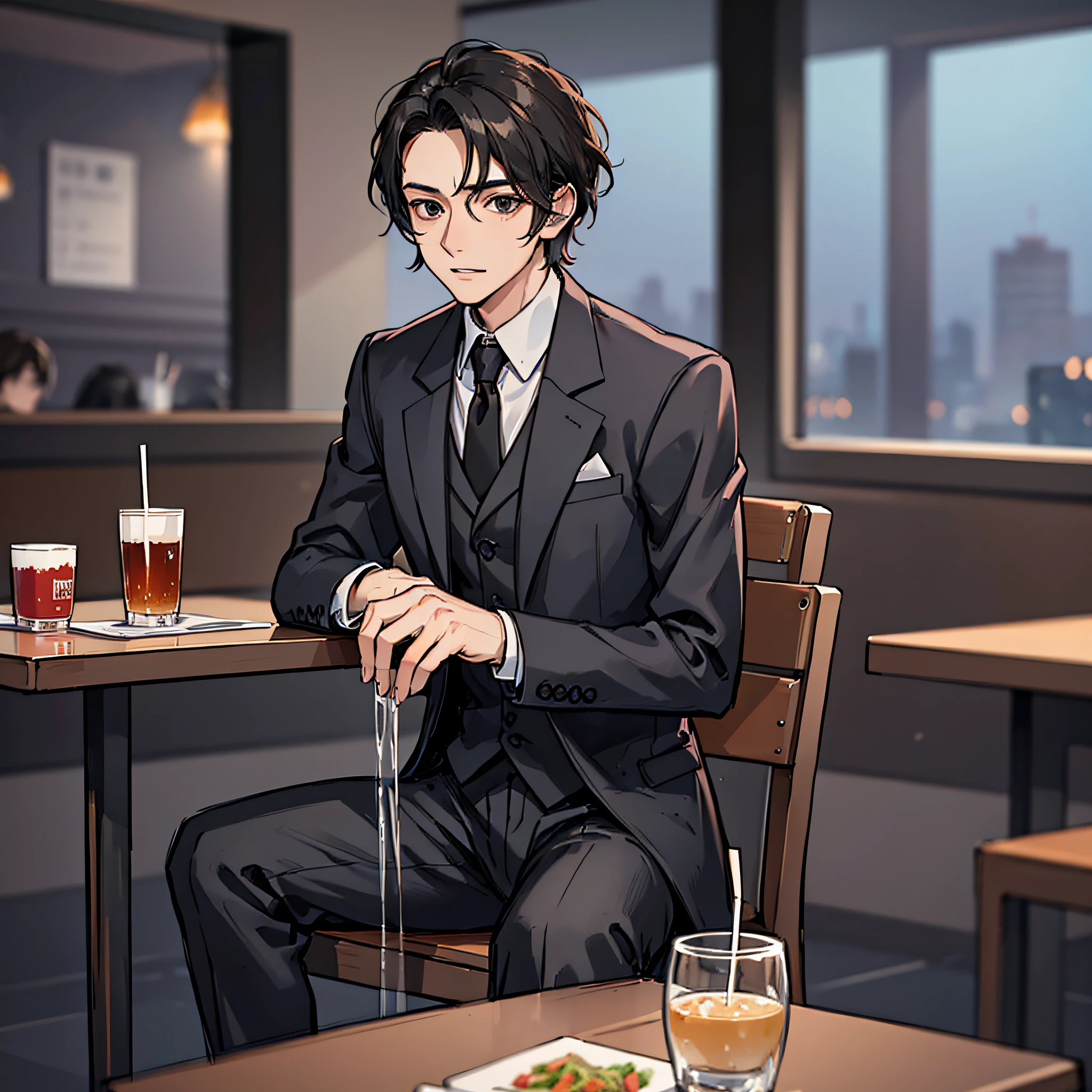 A man in a black suit (side distribution type, high cold) sits in a restaurant to eat