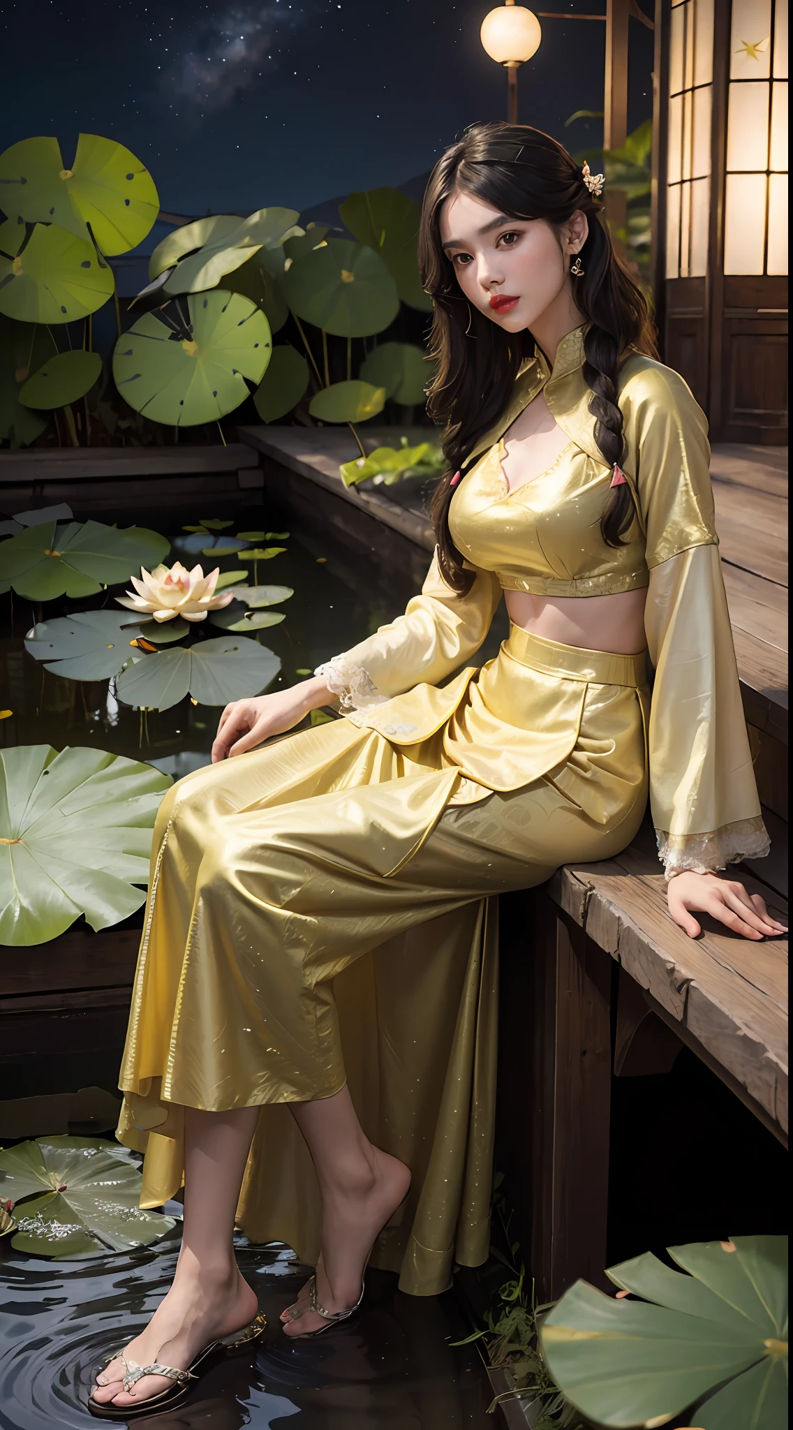 ((top quality, 8k, masterpiece: 1.3)), 1 girl, beauty: 1.2, (random hairstyle), ((lotus pond)), (gaze at loved ones), super detailed face, detailed eyes, double eyelids, very long hair, (((antique clothes)), correct anatomy, perfect body, standing, long legs, red lips, big breasts, sitting, (stars at night), (charming)