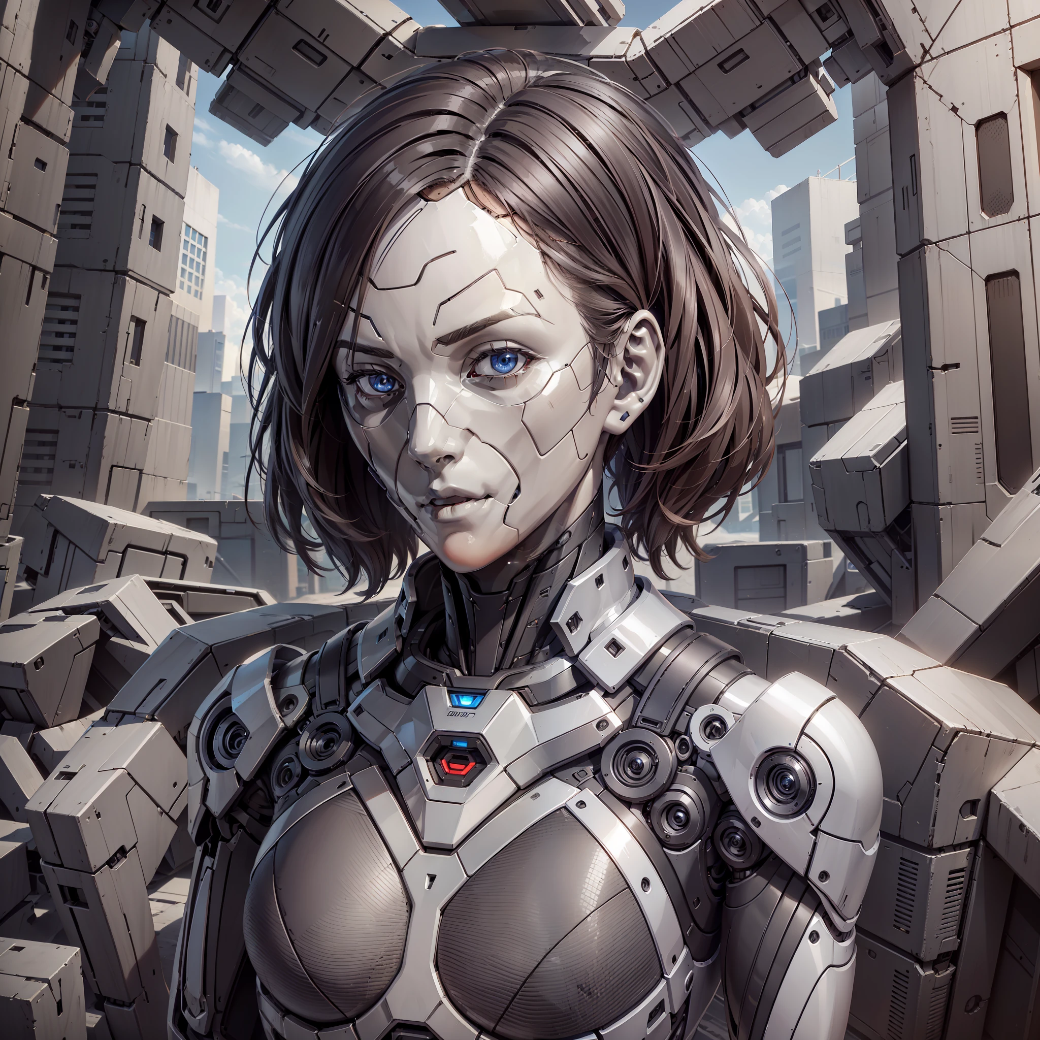 Android ultra realistic rich in technological details with machine body in exoskeleton up to the neck, artificially human face in medium plane, 3d, hyper realistic