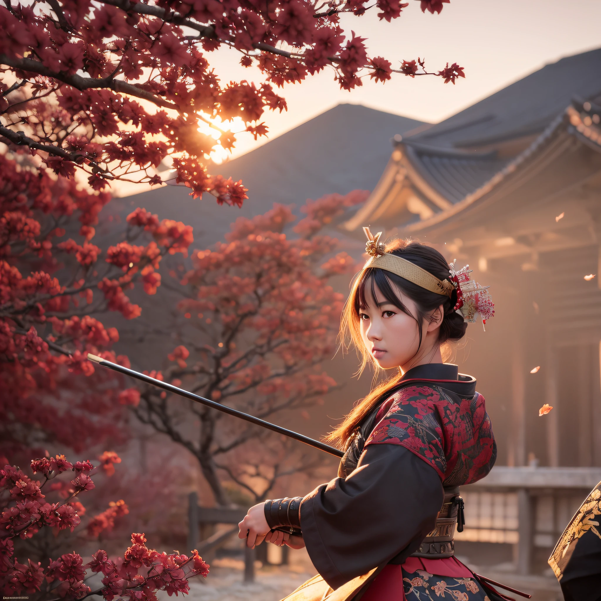 best quality, (RAW photo: 1.2), (masterpiece: 1.4), (photorealistic: 1.4), (highres: 1.4), depth of field, samurai, intricately detailed, 8k, extremely detailed, perfect lighting, epic background, Japanese temple, cherry tree, leaves in the wind, fighting position, sunset --auto --s2