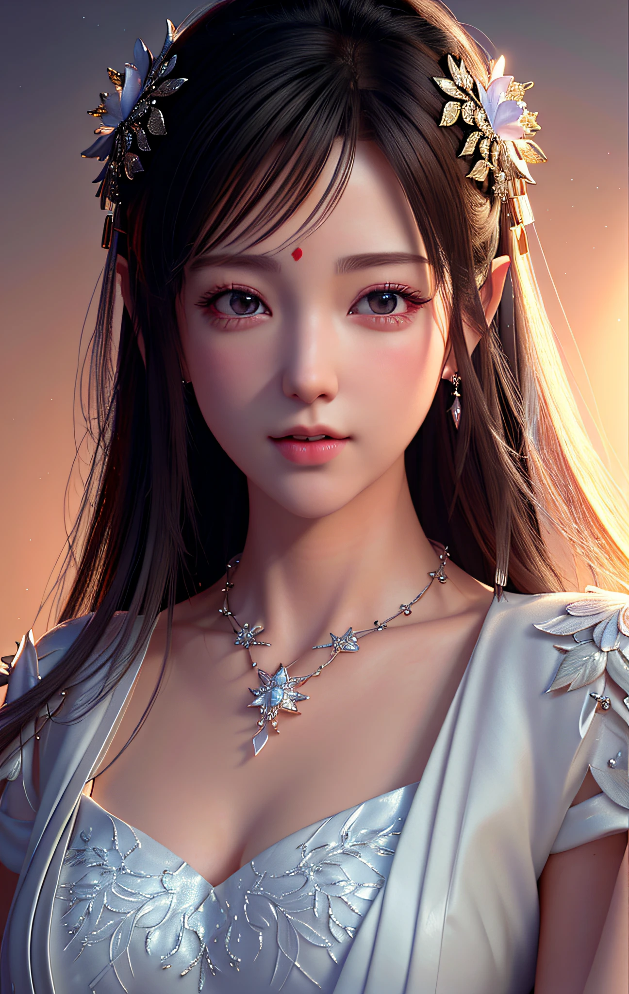 a close up of a woman wearing a white dress and a necklace, 3 d render character art 8 k, a beautiful fantasy empress, 8k portrait render, smooth 3d cg render, photorealistic anime girl render, chinese girl, 8k high quality detailed art, beautiful and elegant elf queen, soft portrait shot 8 k, ((a beautiful fantasy empress))