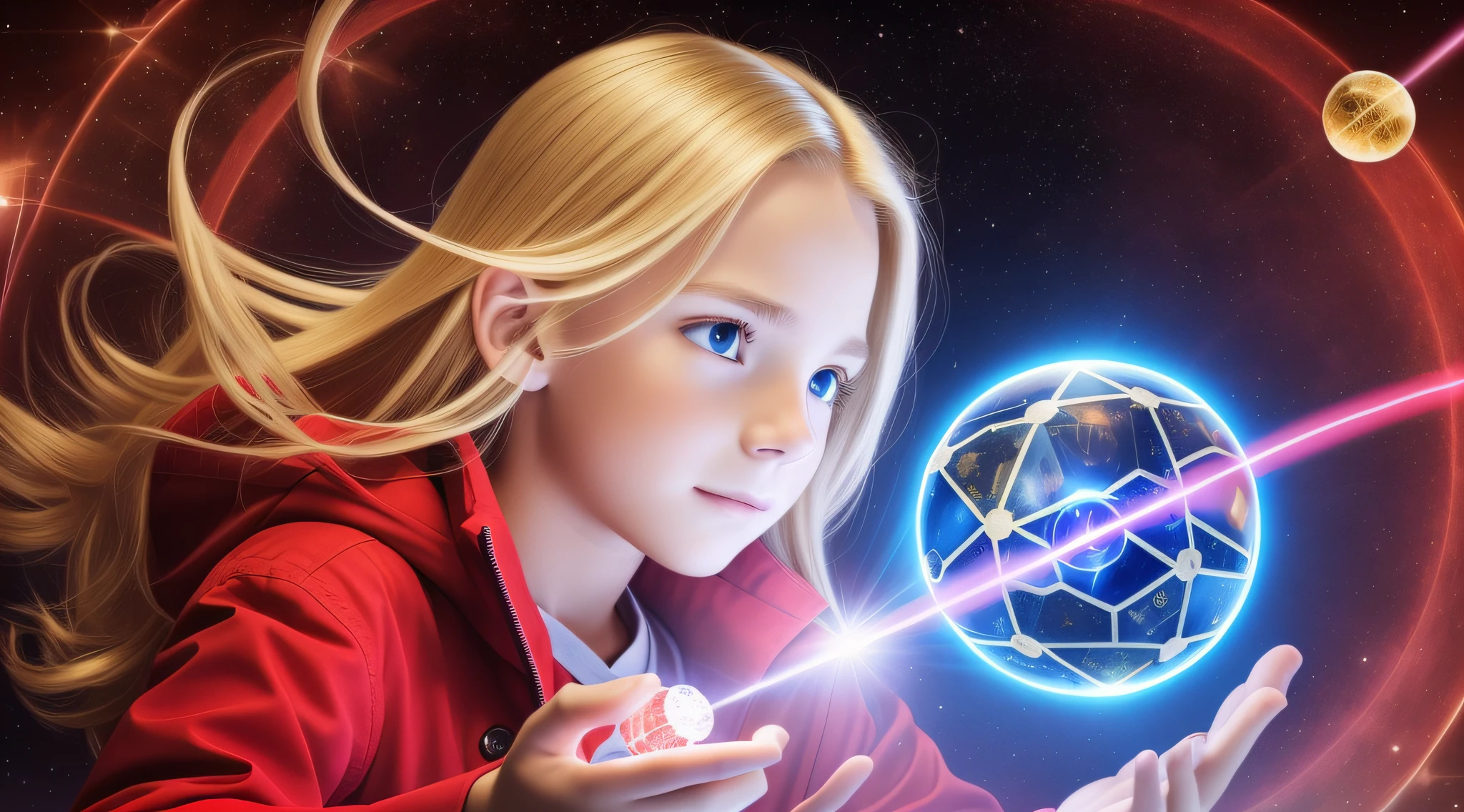REALISTIC PHOTO, CLOSEUP, LONG BLONDE HAIRED BOY IN RED JACKETS, holding a glowing ball in his hands, mage pondering his orb, holding a glowing orb of dice, he is casting a lighting spell, holding a glowing orb, holding a crystal ball, psychic, crystal ball, cool marketing photo, stock photo, predicting the future, stock image, plasma globe, well-lit professional photo, magic,
