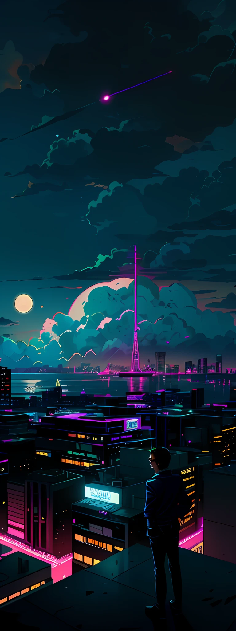 night time scene of a man standing on a rooftop overlooking a city, vaporwave city, jen bartel, anime art wallpaper 4k, anime art wallpaper 4 k, synthwave city, anime art wallpaper 8 k, 4k anime wallpaper, anime wallpaper 4k, anime wallpaper 4 k, night cityscape, cyberpunk dreamscape, night scenery, epic retrowave art