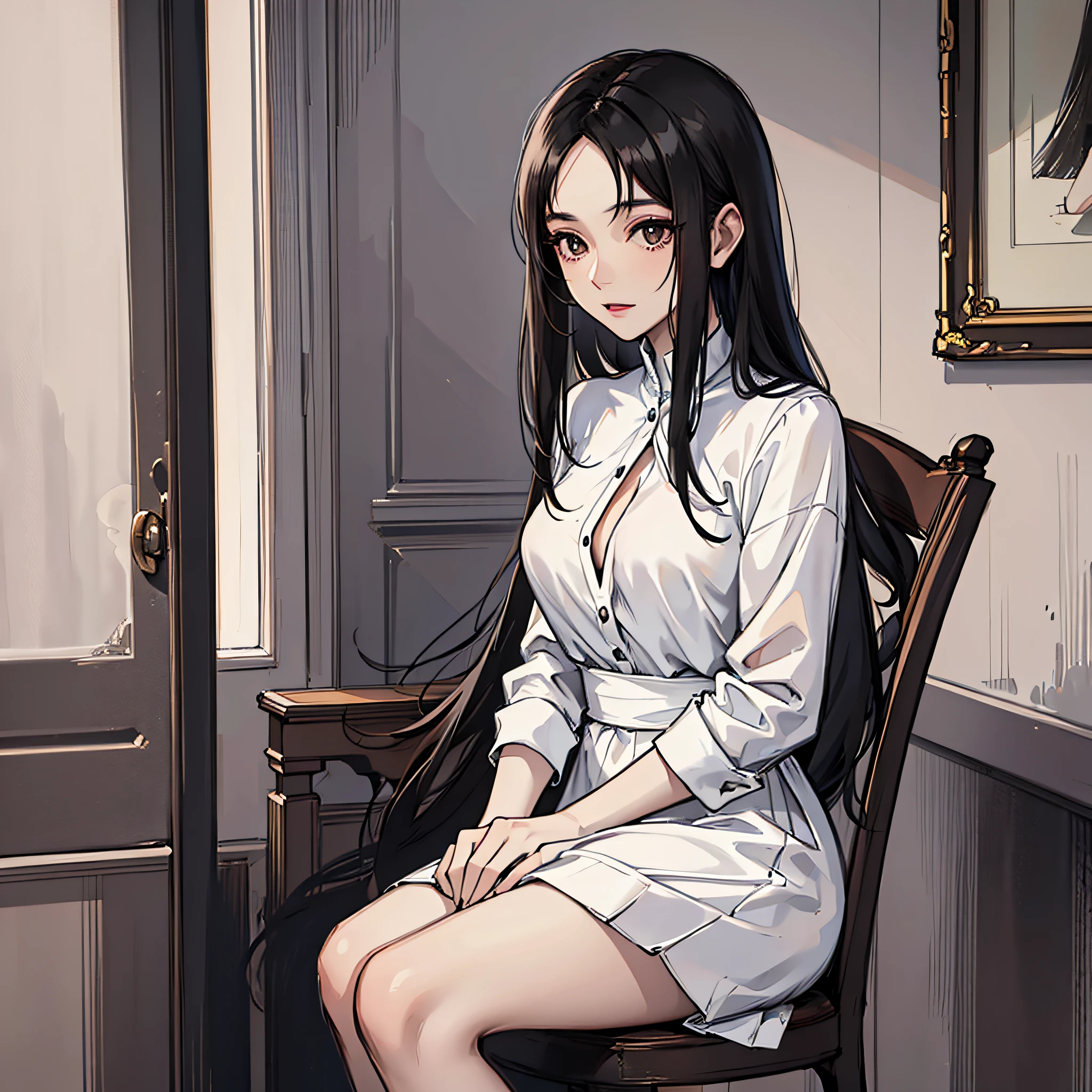A woman in a white dress (long black hair, pretty,) sits in the dining room