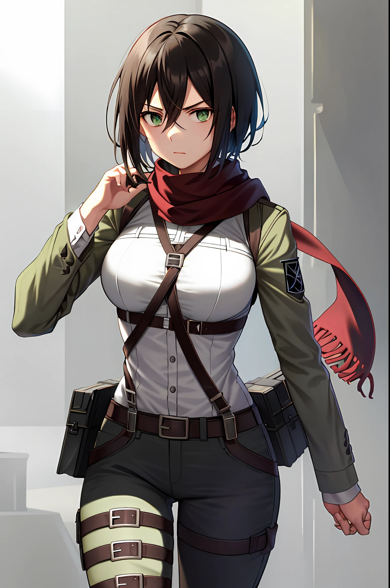 aot style, shingeki no kyojin, netorare, cheating

mikasa ackerman,

1girl, arm strap, bangs, black hair, black pants, breasts, cowboy shot, embers, green eyes, grey background, hair between eyes, harness, long sleeves, looking at viewer, medium breasts, pants, red scarf, scarf, shirt, short hair, smoke, solo, thigh strap,  brown jacket, white shirt, survey corps \(emblem\)

, ((masterpiece)), best quality
,
