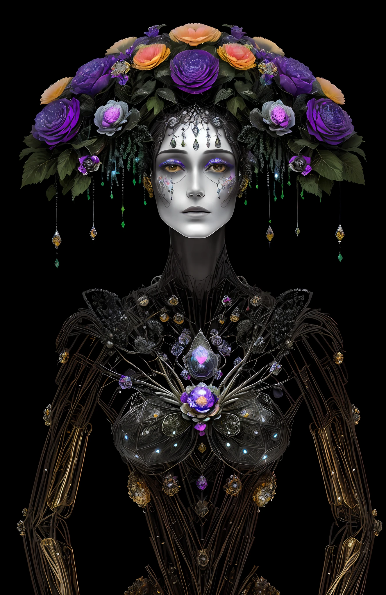 "Rosen maiden, (masterpiece, best quality), (illustration), strange fungal disease dense forest, transparent sticky substance, caustics, crystals, close-up, intricate details, dark background, sparkling spores, rainbow crystals, darkness", made of metal, cyborg: 1.1, [detailed wire]: 1.3, (complex details), HDR, (complex details, hyperdetailed: 1.2),