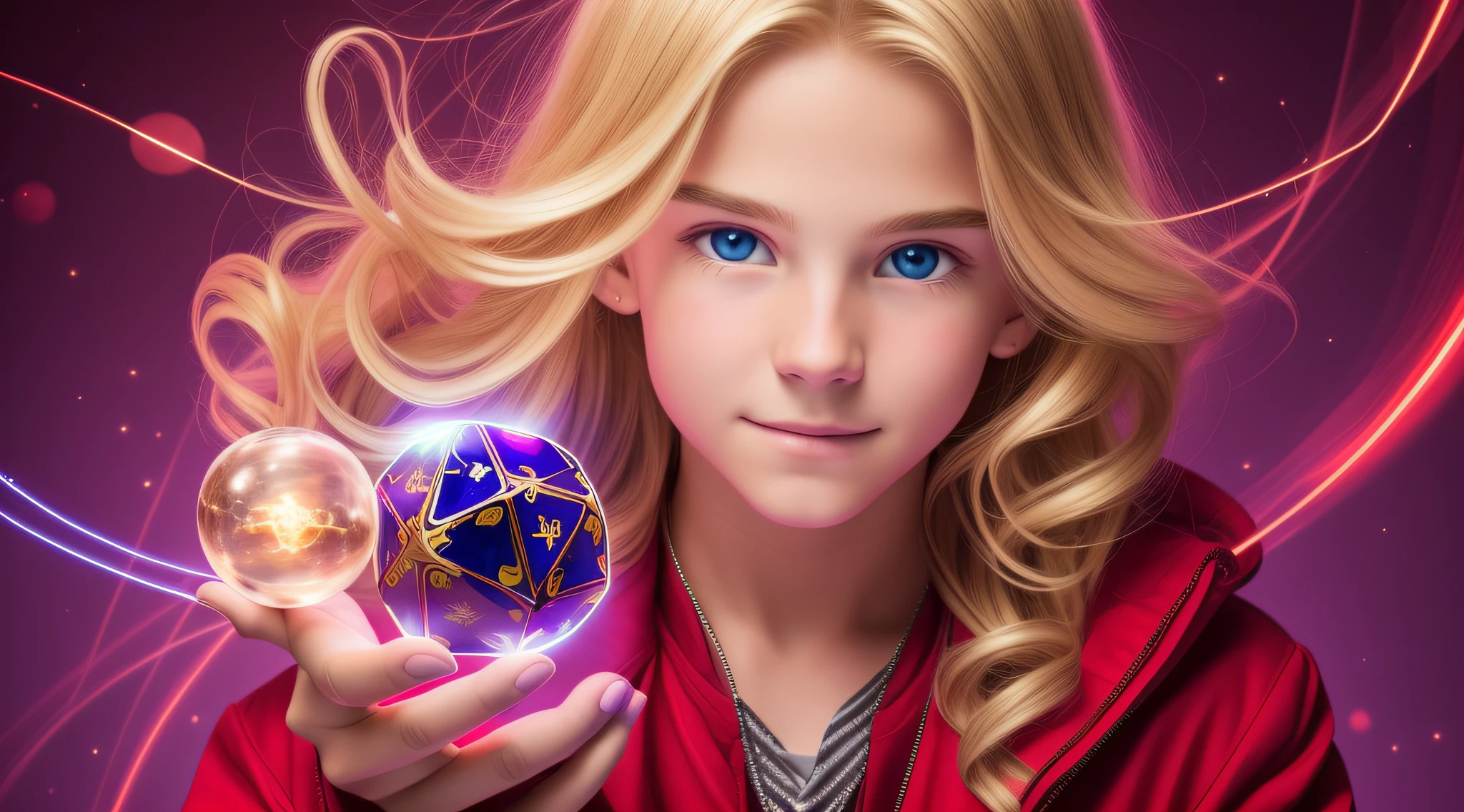 REALISTIC PHOTO, CLOSEUP, LONG BLONDE HAIRED BOY IN RED JACKETS, holding a glowing ball in his hands, mage pondering his orb, holding a glowing orb of dice, he is casting a lighting spell, holding a glowing orb, holding a crystal ball, psychic, crystal ball, cool marketing photo, stock photo,  predicting the future, stock image, plasma globe, well-lit professional photo, magic,