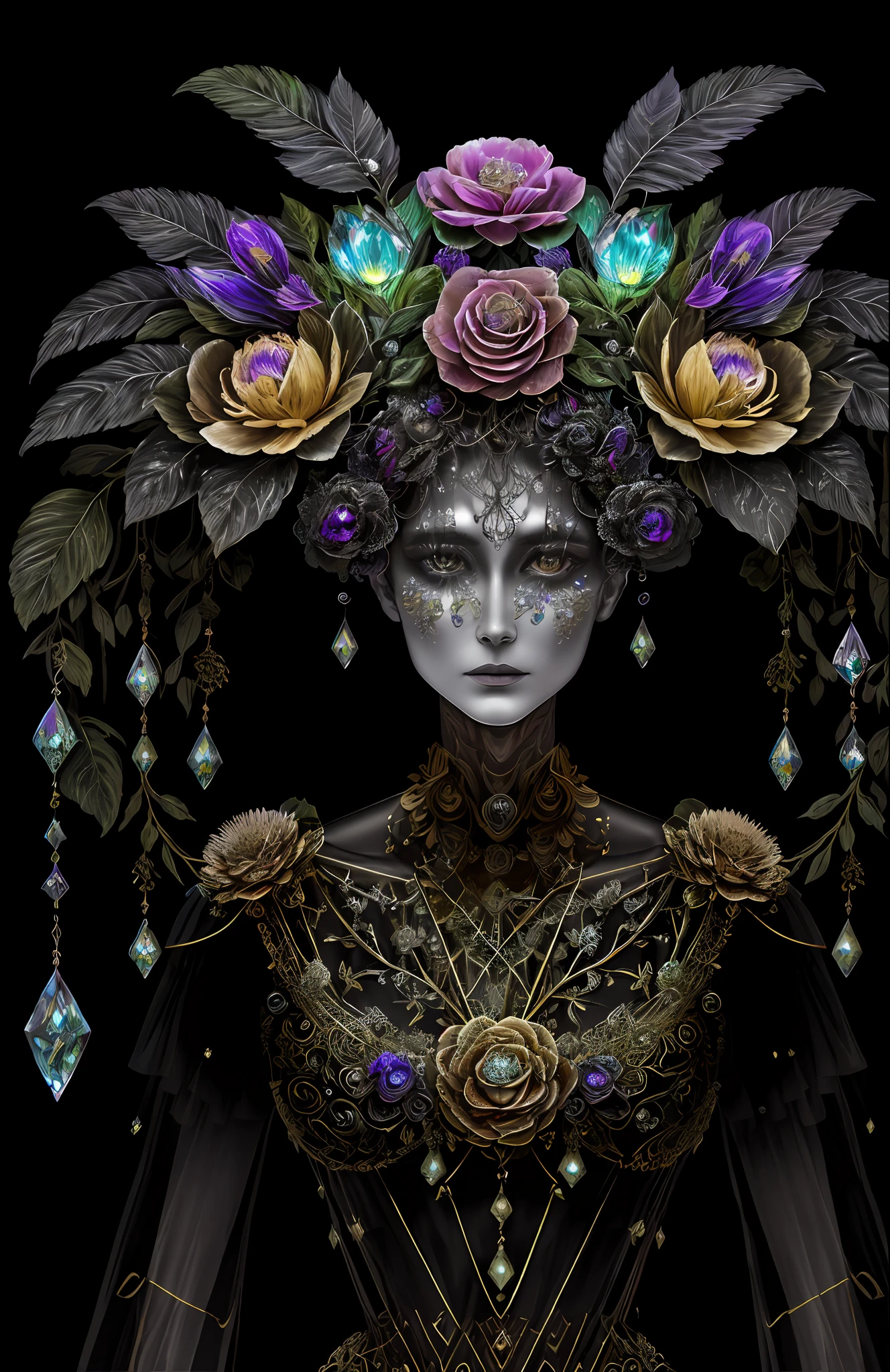 "Rosen maiden, (masterpiece, best quality), (illustration), strange fungal disease dense forest, transparent sticky substance, caustics, crystals, close-up, intricate details, dark background, sparkling spores, rainbow crystals, darkness", made of metal, cyborg: 1.1, [detailed wire]: 1.3, (complex details), HDR, (complex details, hyperdetailed: 1.2),
