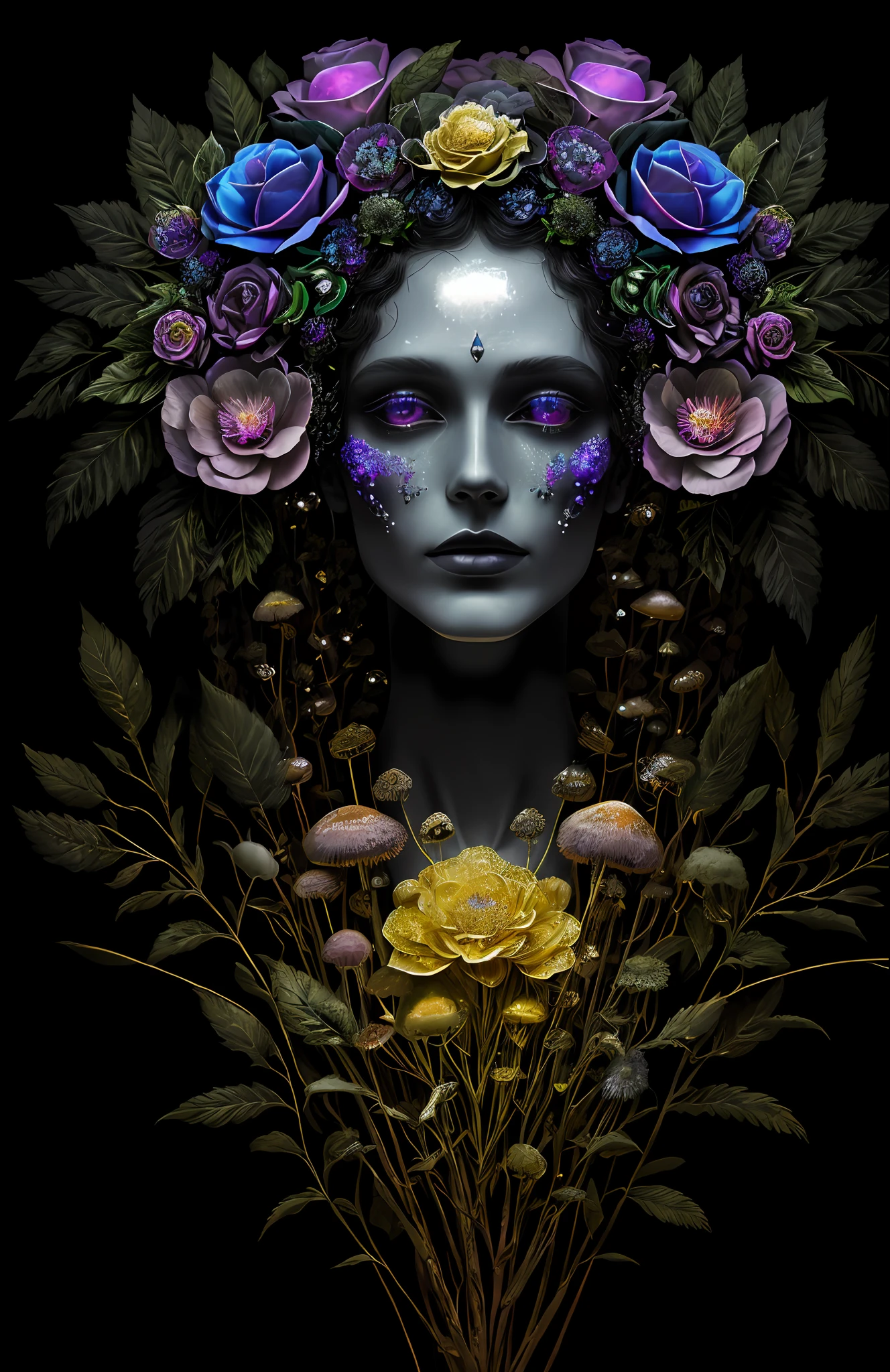 "Rosen maiden, (masterpiece, best quality), (illustration), strange fungal disease dense forest, transparent sticky substance, caustics, crystals, close-up, intricate details, dark background, sparkling spores, rainbow crystals, darkness", made of metal, cyborg: 1.1, [detailed wire]: 1.3, (complex details), HDR, (complex details, hyperdetailed: 1.2),