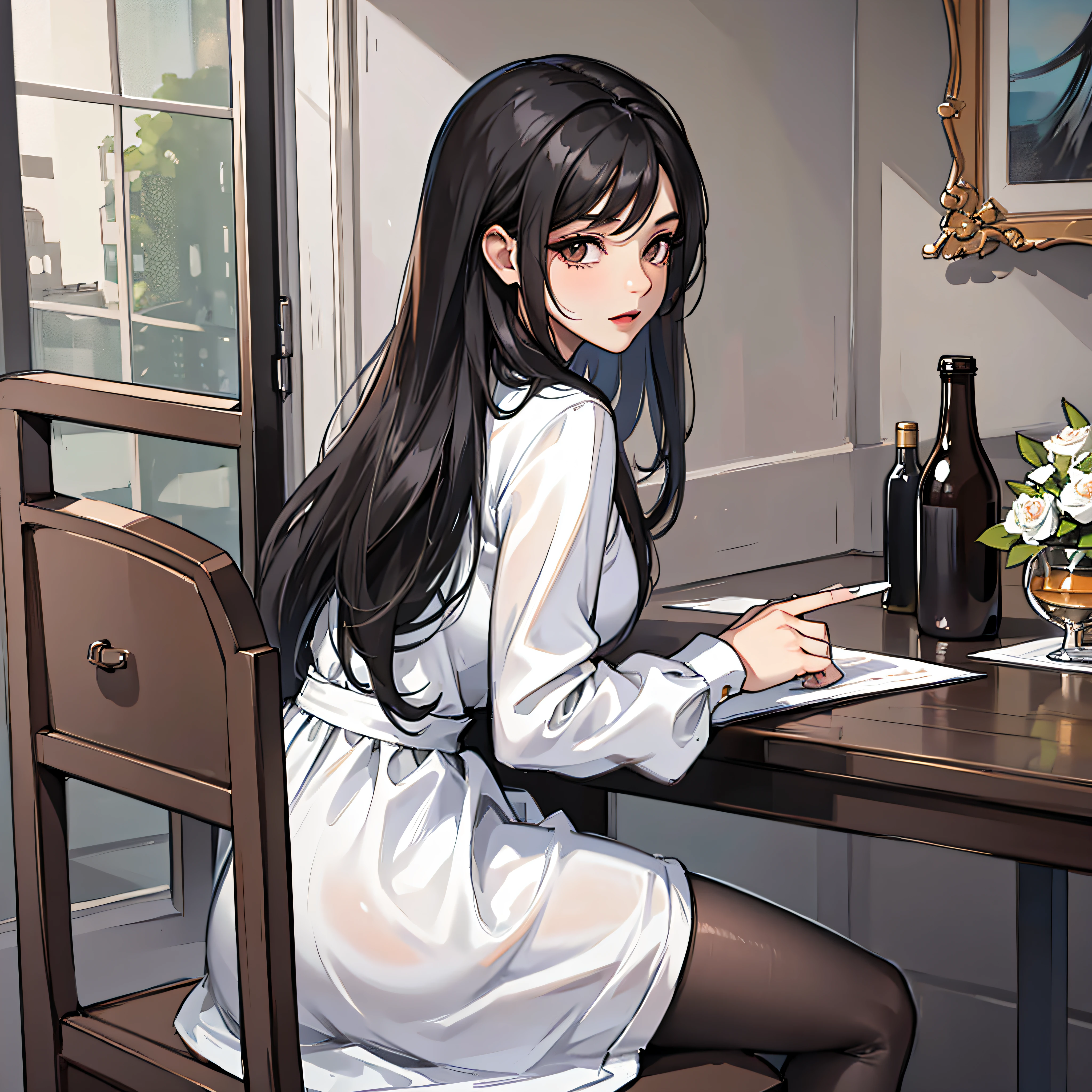 A woman in a white dress (long black hair, pretty,) sits in the dining room