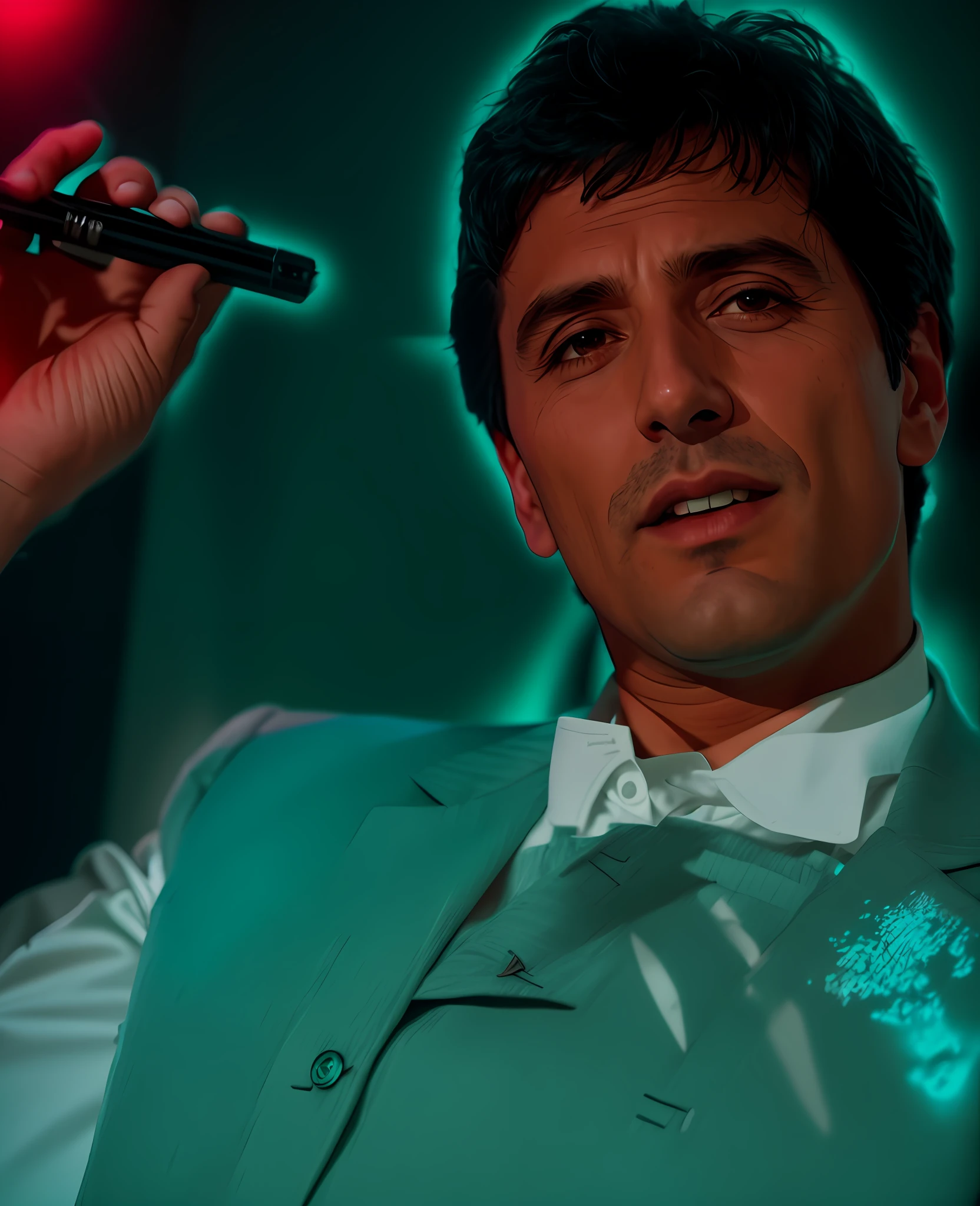 portrait of an award-winning photo of Tony Montana posing in a dark studio, (rim lighting,: 1.4) two-tone lighting, sharp focus, teal hue, octane, dimly lit, low key, size 9:16 --auto --s2