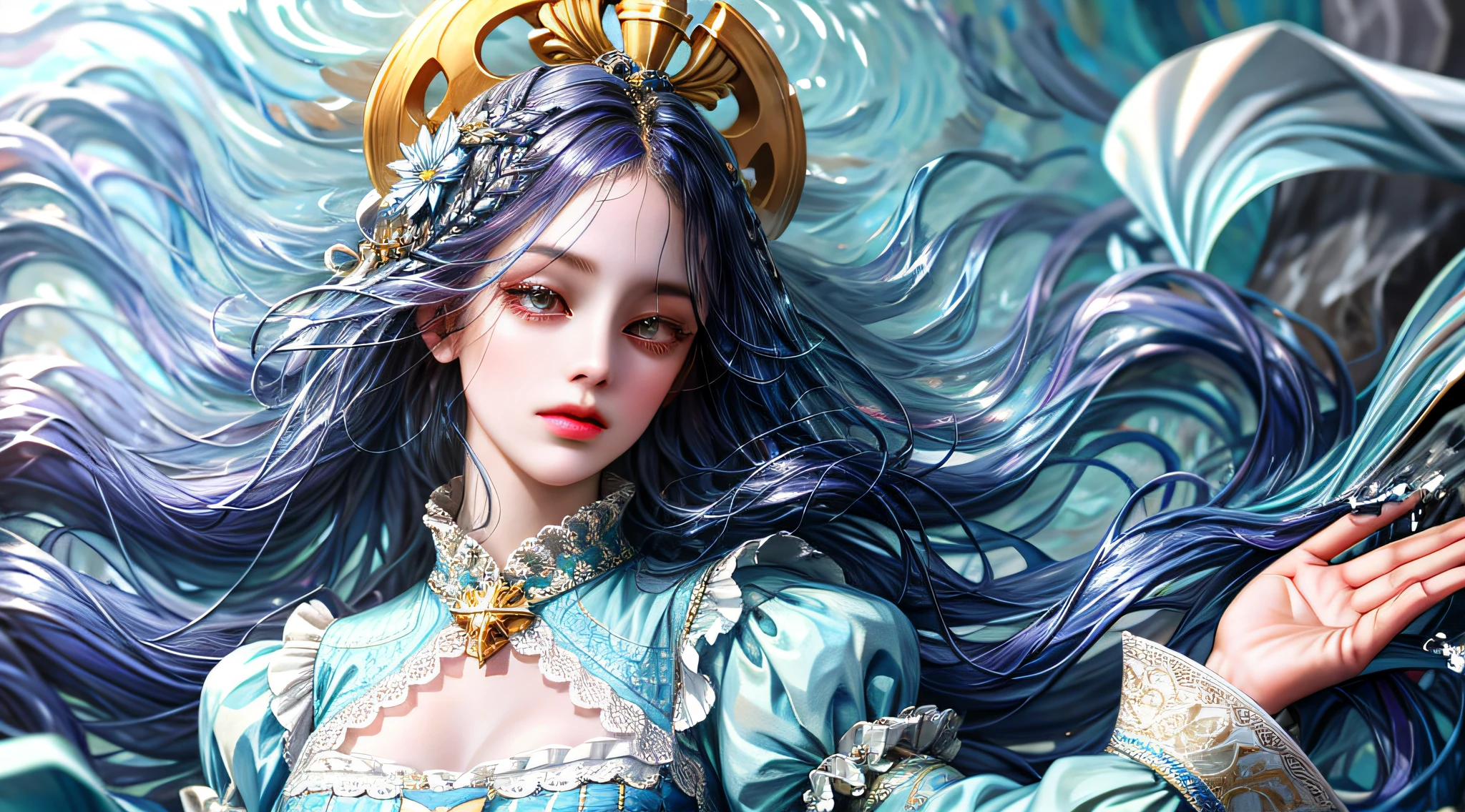 (absurdres, highres, ultra detailed), 1girl, solo, mature, (long hair), Baroque, dress, long sleeve, elegant, holy, colorful, highest detailed, portrait, close up, underwater, floating hair, flower
