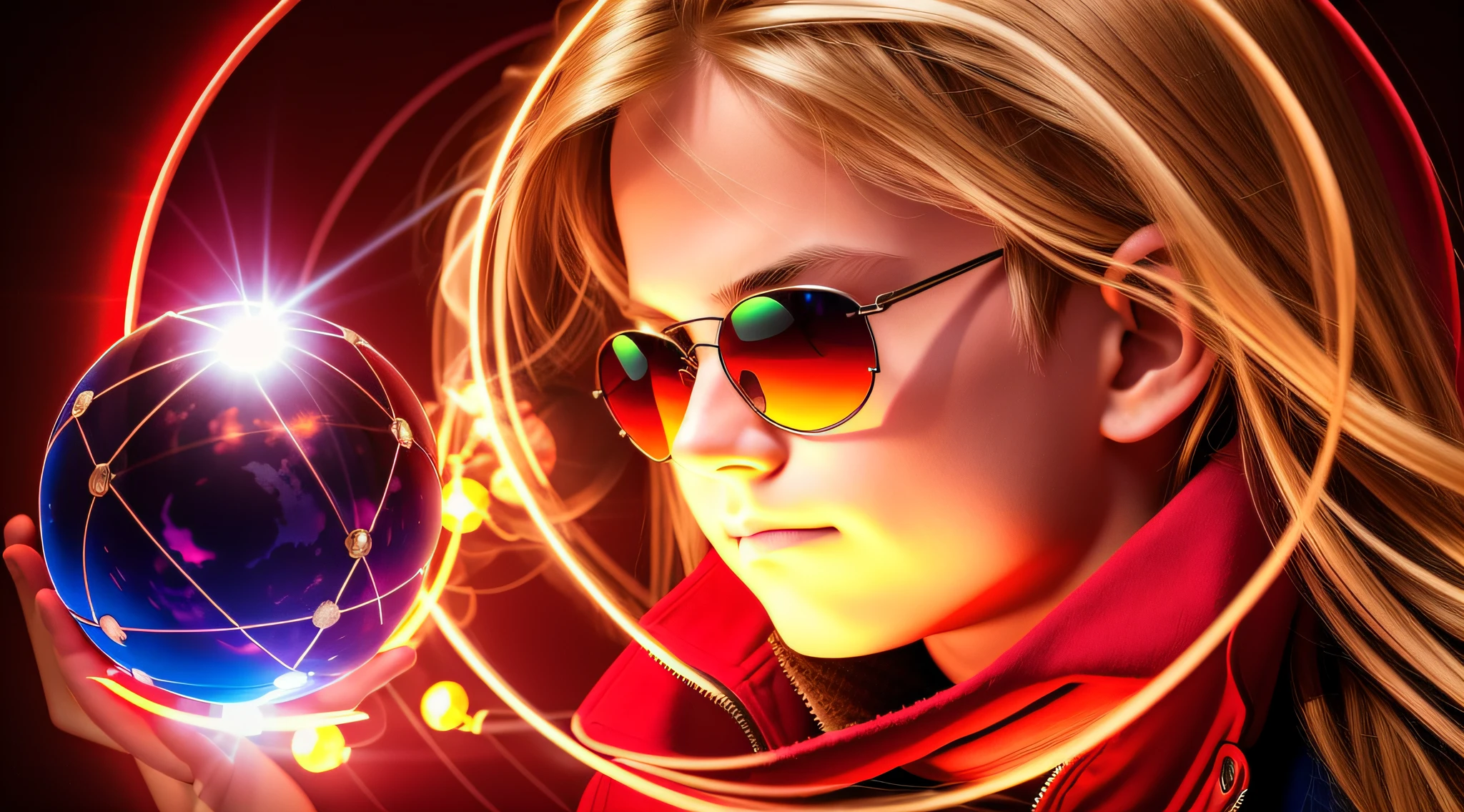 REALISTIC PHOTO, CLOSEUP, LONG BLONDE HAIRED BOY IN RED JACKETS AND SUNGLASSES, holding a glowing ball in his hands, mage pondering his orb, holding a glowing orb of dice, he's casting a lighting spell, holding a glowing orb, holding a crystal ball, psychic, crystal ball, cool marketing photo,  stock photo, predicting the future, stock image, plasma globe, well-lit professional photo, magic,