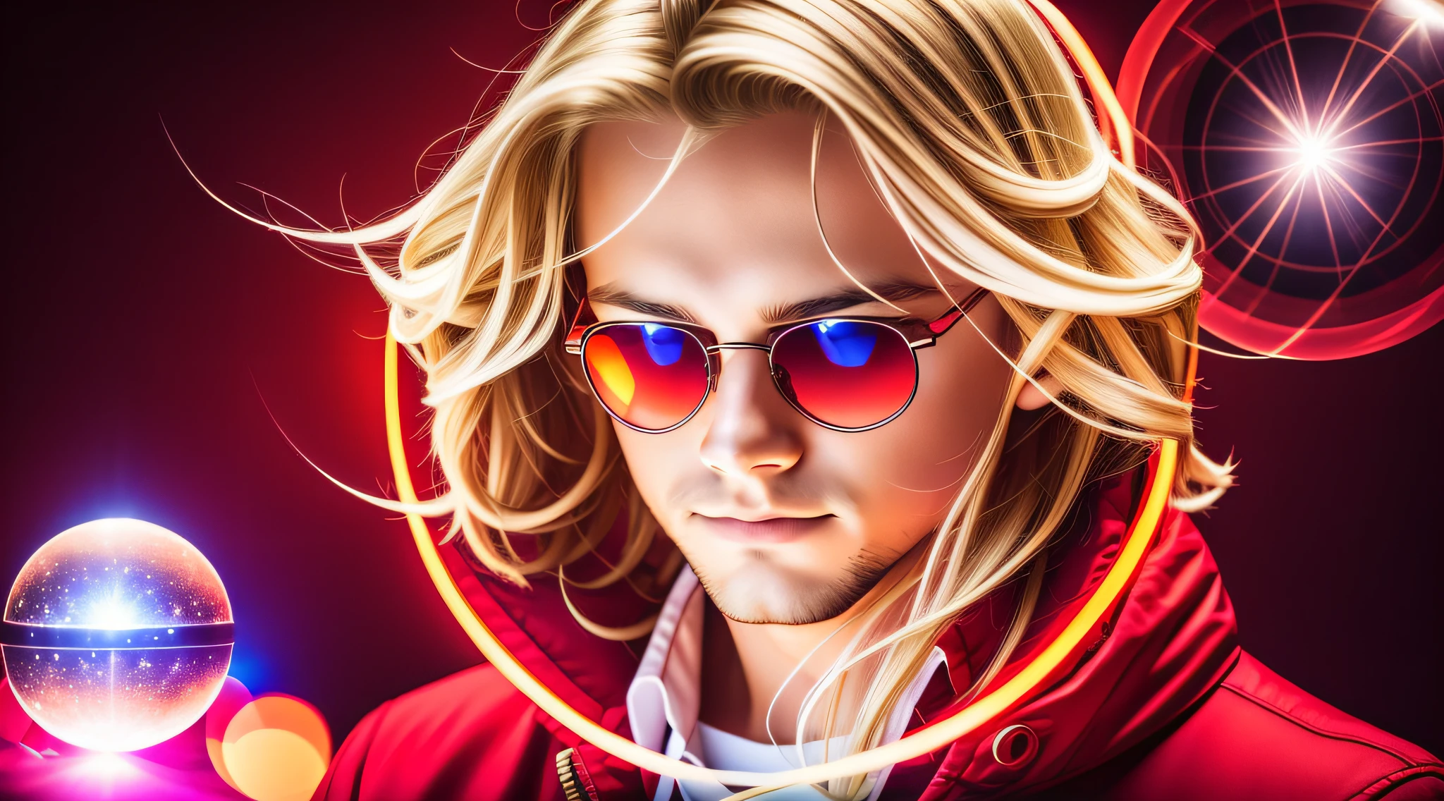 REALISTIC PHOTO, CLOSEUP, LONG BLONDE HAIRED BOY IN RED JACKETS AND SUNGLASSES, holding a glowing ball in his hands, mage pondering his orb, holding a glowing orb of dice, he's casting a lighting spell, holding a glowing orb, holding a crystal ball, psychic, crystal ball, cool marketing photo, stock photo, predicting the future, stock image, plasma globe, well-lit professional photo, magic,