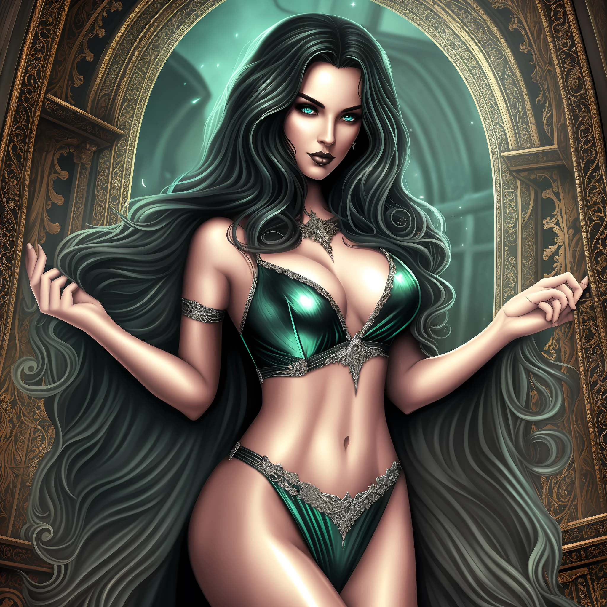 Me in a gothic setting of Castlevania, long curly brown hair flowing, elongated and well-defined face with features of a woman with Italian ancestry, wearing metallic blue and silver bikini, mesmerizing green eyes, wide hips, intricate details. The background is dark and Gothic, adding to the mysterious atmosphere. This art is on the rise at ArtStation, capturing the essence of the iconic Symphony of the Night game. The illustration is smooth, with sharp focus, showing the beauty and allure of --auto --s2