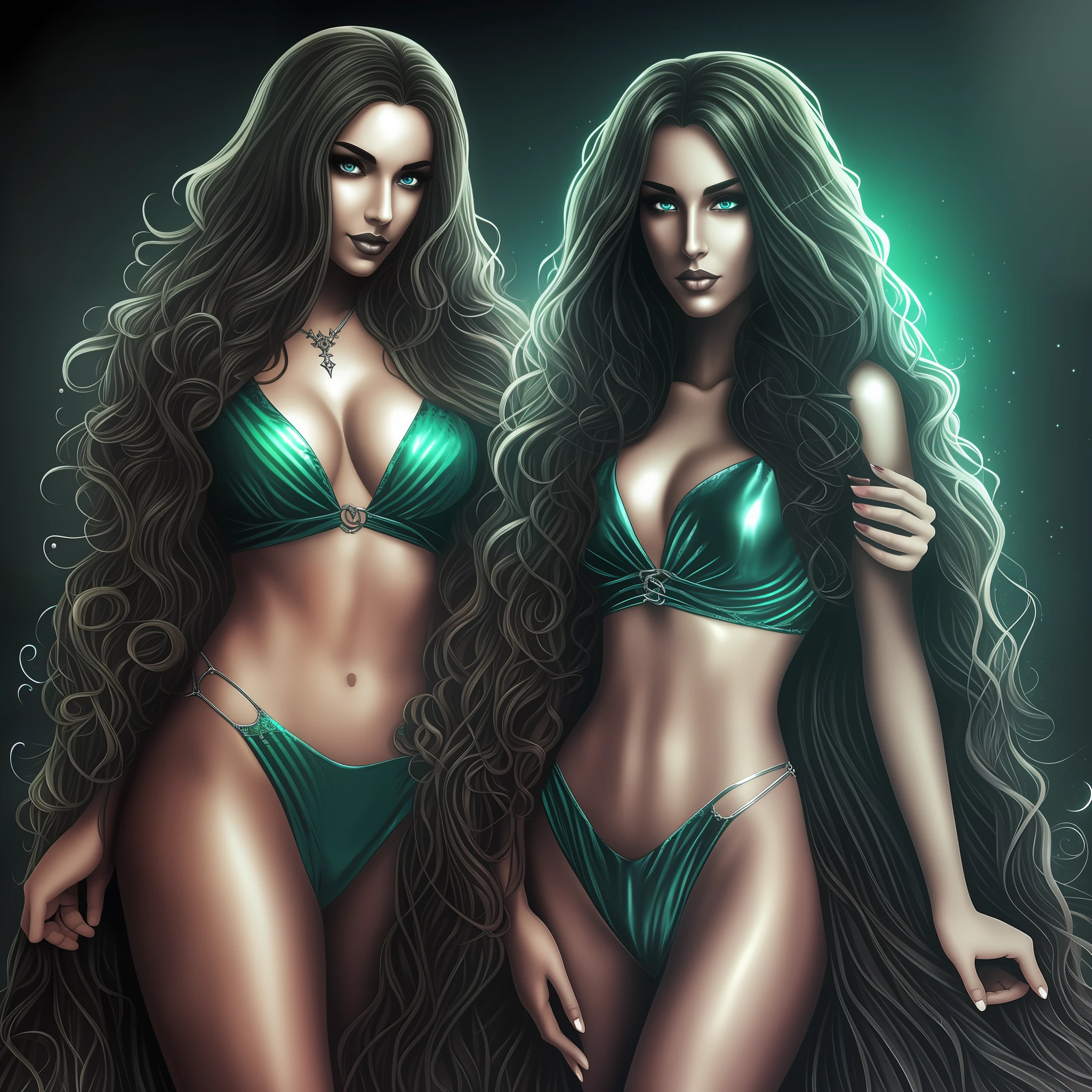 Me in a gothic setting of Castlevania, long curly brown hair flowing, elongated and well-defined face with features of a woman with Italian ancestry, wearing metallic blue and silver bikini, mesmerizing green eyes, wide hips, intricate details. The background is dark and Gothic, adding to the mysterious atmosphere. This art is on the rise at ArtStation, capturing the essence of the iconic Symphony of the Night game. The illustration is smooth, with sharp focus, showing the beauty and allure of --auto --s2