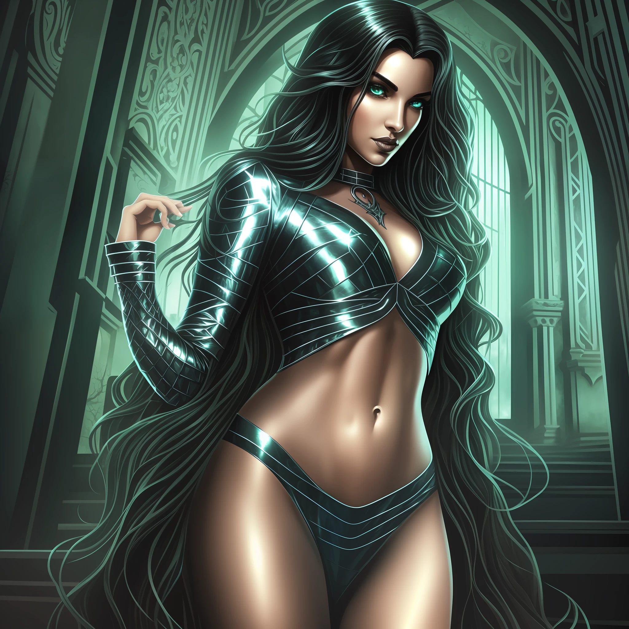 Me in a gothic setting of Castlevania, long curly brown hair flowing, elongated and well-defined face with features of a woman with Italian ancestry, wearing metallic blue and silver bikini, mesmerizing green eyes, wide hips, intricate details. The background is dark and Gothic, adding to the mysterious atmosphere. This art is on the rise at ArtStation, capturing the essence of the iconic Symphony of the Night game. The illustration is smooth, with sharp focus, showing the beauty and allure of --auto --s2