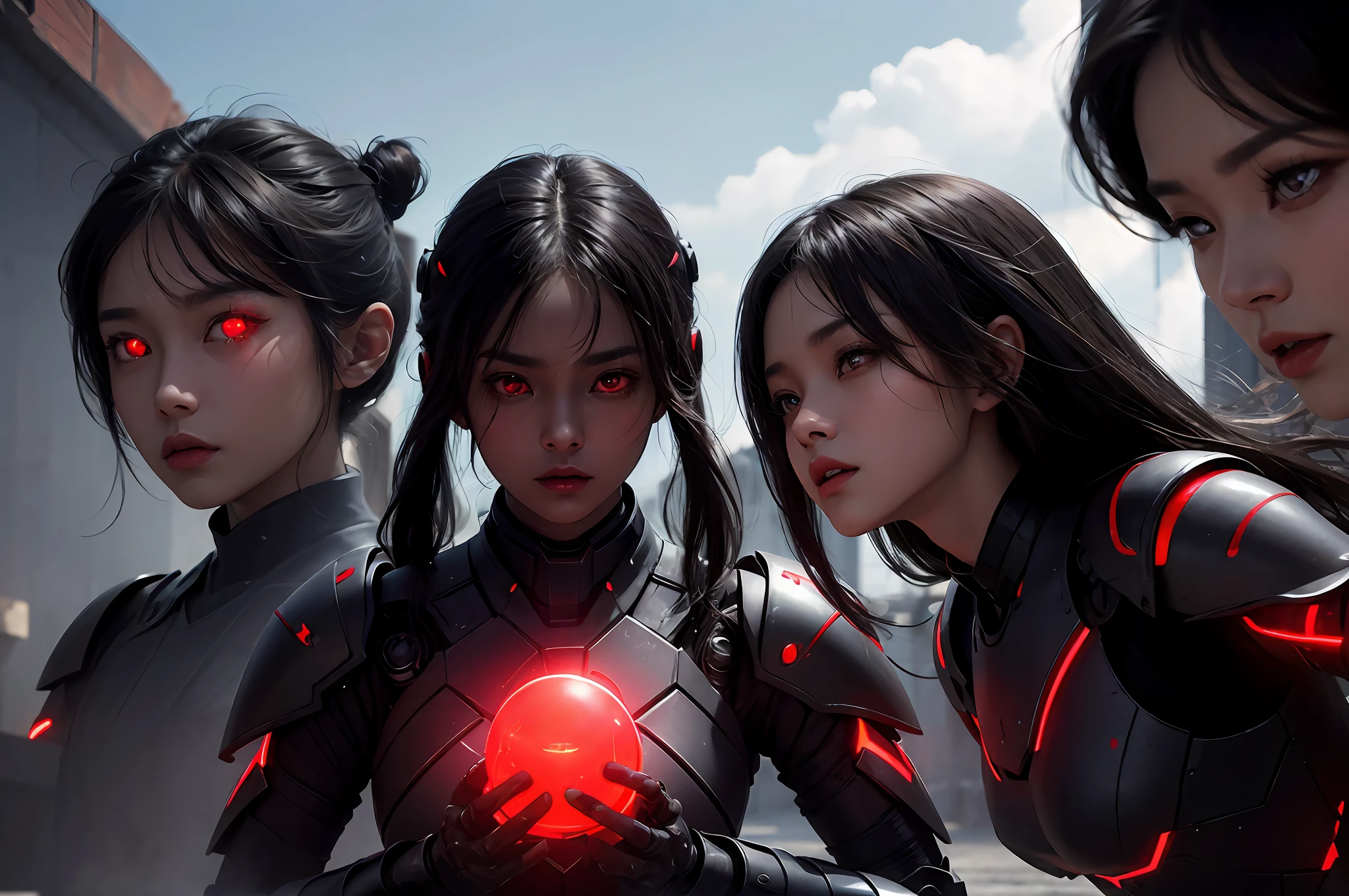 3girls, army of beautiful dark-skinned Chinese female aliens invading Earth, (red glowing eyes), (cybernetic armor) --v 6