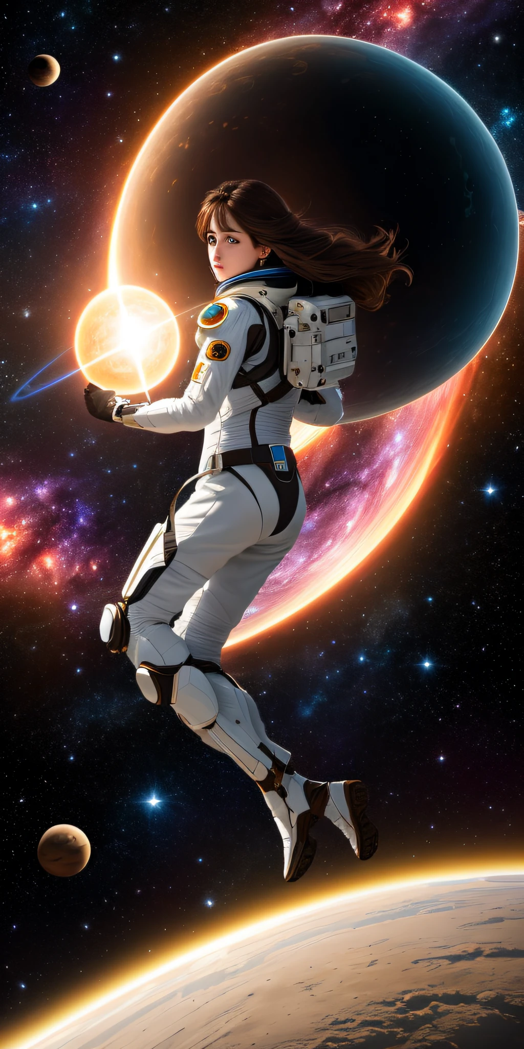 ((master)), ((best quality)), ultra-detailed CG unity 8k wallpaper, incredibly delicate and beautiful illustration, floating, high resolution, dynamic, ((1girl)), brown eyes, brown hair, astronaut suit, dark black background, stellar space, large white luminescent stars, a huge black hole in the background, colorful planets floating in a cosmic maelstrom.