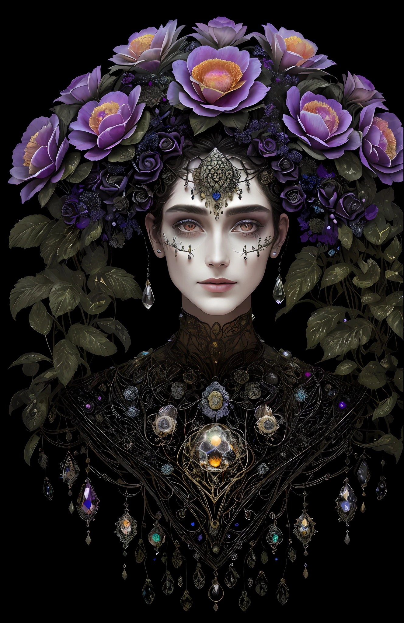 "Rosen maiden, (masterpiece, best quality), (illustration), strange fungal disease dense forest, transparent sticky substance, caustics, crystals, close-up, intricate details, dark background, sparkling spores, rainbow crystals, darkness", made of metal, cyborg: 1.1, [detailed wire]: 1.3, (complex details), HDR, (complex details, hyperdetailed: 1.2),
