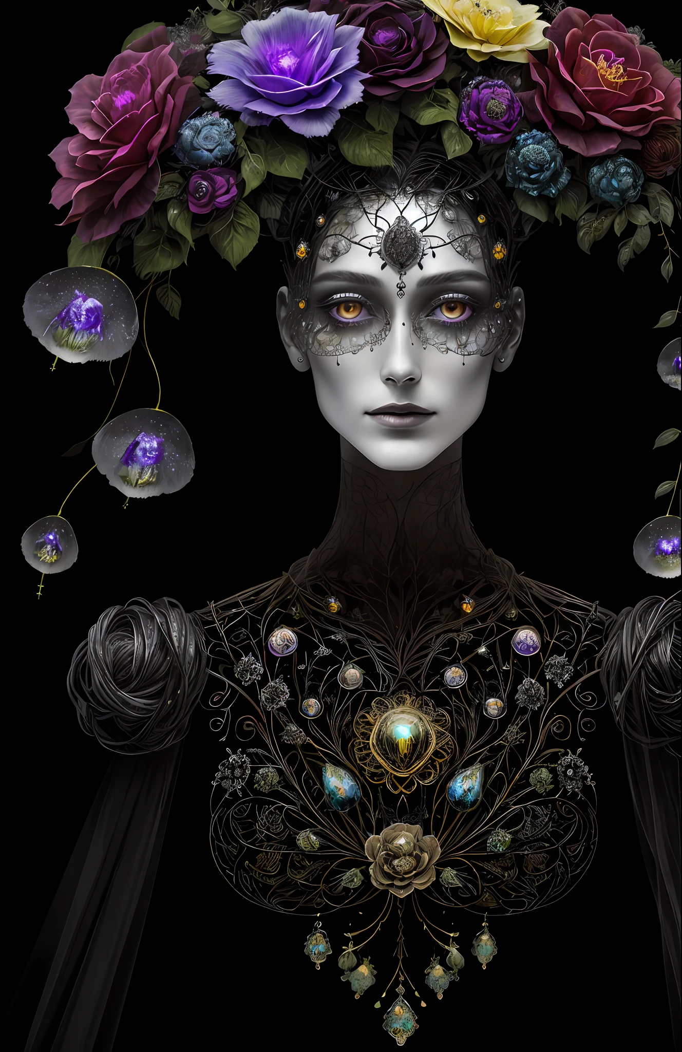 "Rosen maiden, (masterpiece, best quality), (illustration), strange fungal disease dense forest, transparent sticky substance, caustics, crystals, close-up, intricate details, dark background, sparkling spores, rainbow crystals, darkness", made of metal, cyborg: 1.1, [detailed wire]: 1.3, (complex details), HDR, (complex details, hyperdetailed: 1.2),