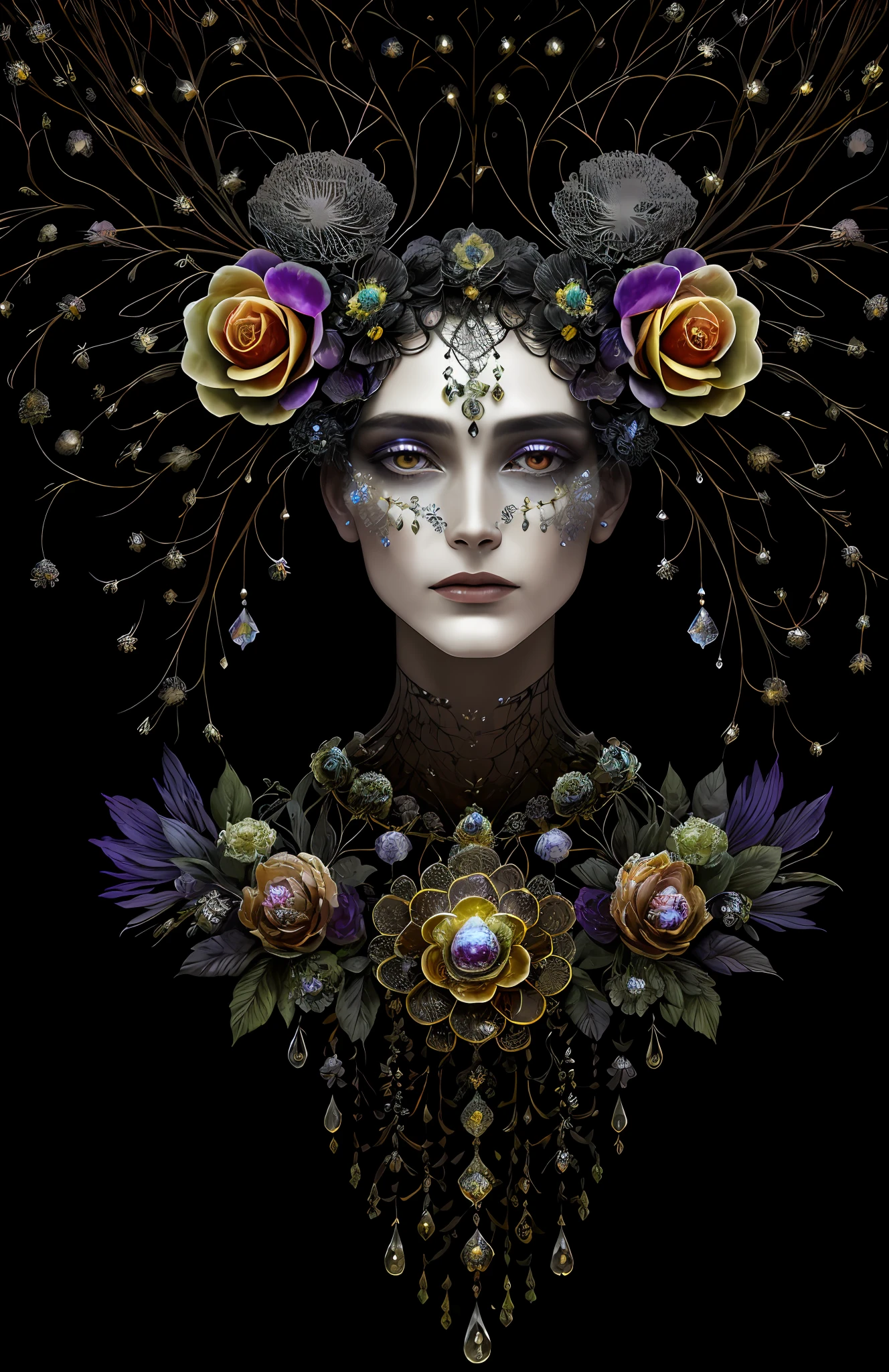 "Rosen maiden, (masterpiece, best quality), (illustration), strange fungal disease dense forest, transparent sticky substance, caustics, crystals, close-up, intricate details, dark background, sparkling spores, rainbow crystals, darkness", made of metal, cyborg: 1.1, [detailed wire]: 1.3, (complex details), HDR, (complex details, hyperdetailed: 1.2),