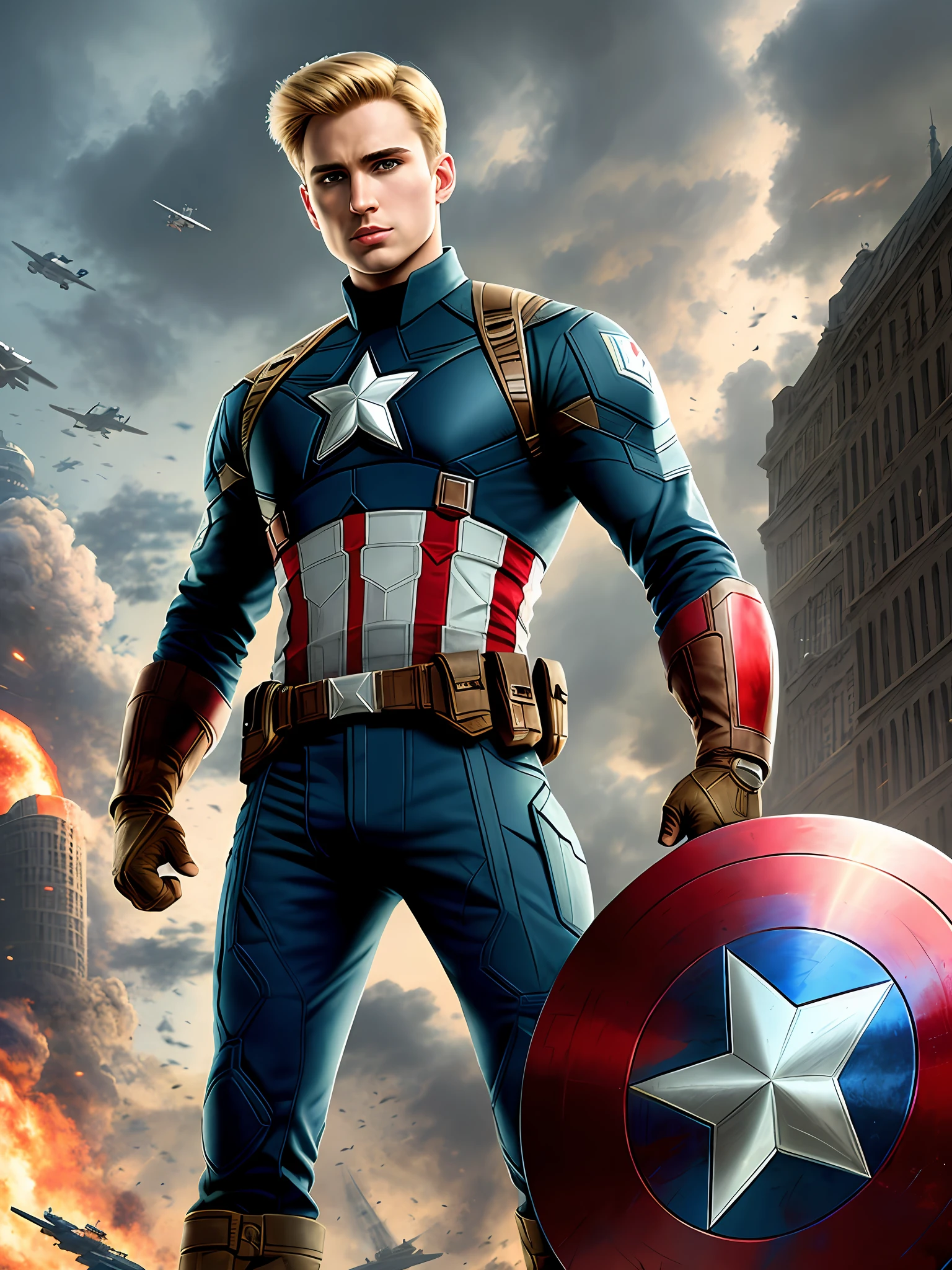 (masterpiece, best quality, super detailed, best shadows), (detailed background,) sci-fi liberator captain america blond young strong confident strong healthy military uniform man