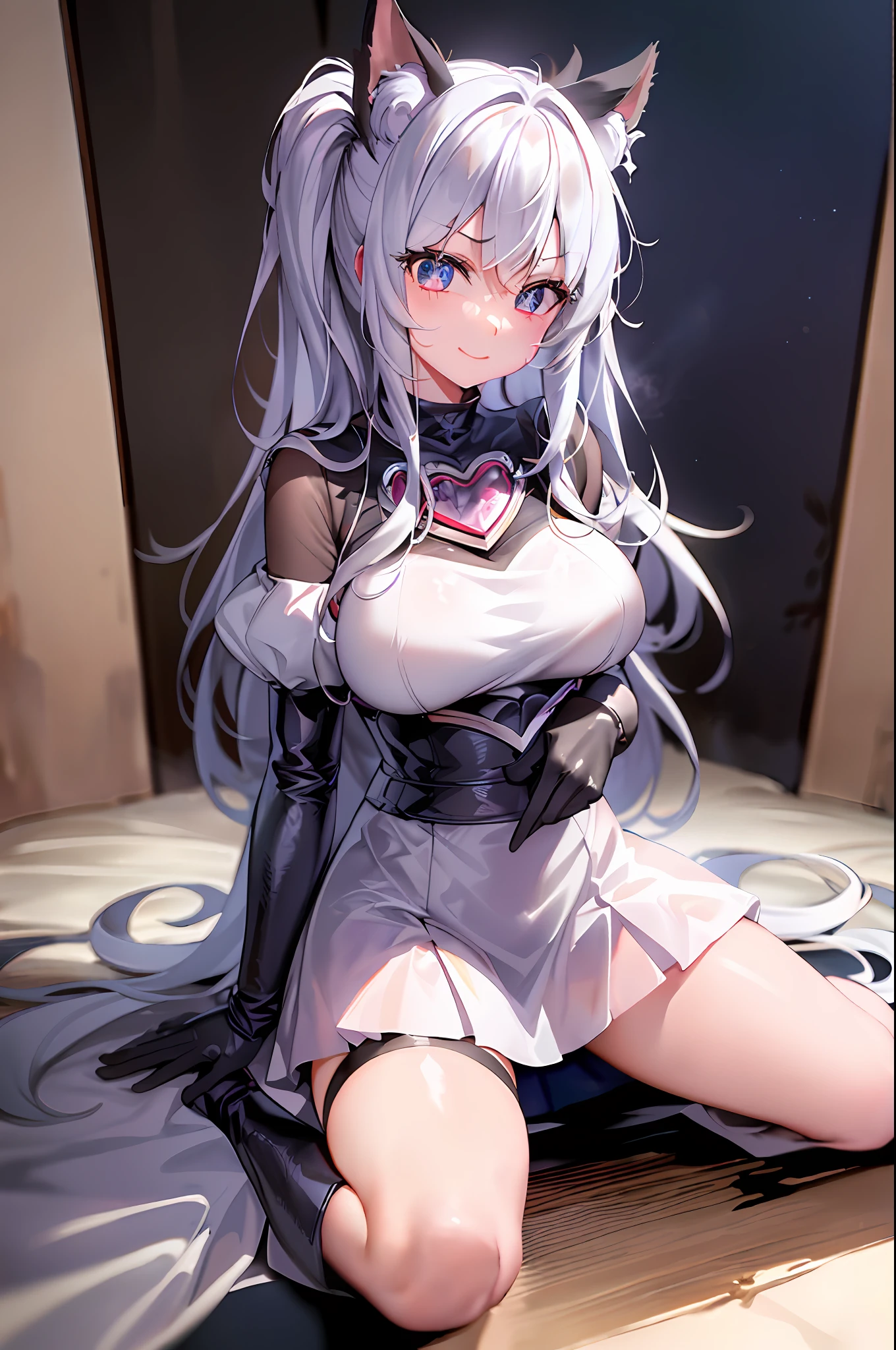 girls front, animation, very beautiful detailed anime face and eyes, realistic, full body, focus on eyes, beautiful detailed full body, petite girl, baby, long hair, messy hair, crying bangs, disheveled hair, ahoge, delicate face rain, baby face, nice big eyes, flat_chest, blue eyes, boots, grand space, floating, divine light, absurdity, art book, highly detailed 8k wallpaper, very precise detail, Dutch angle, (laughter), big two cat ears, white hair, breasts are big, absolute area, skirt, left hand on chest, perfect ultimate invincible idol, embarrassed, goth loli, upper eyes, good style, big eyes, eyes are clean, high quality, 4k, white hair, idol, background is fantastic, front painting, portrait alone, Focus on the eyes, Upper eyes, Shy eyes, Hanging eyes, Thighs, Pure white dress, Eight-headed, Angry, Cool, Stylish, Angle of pulling, Face slightly above the center of the screen, No pants, I can't see inside the skirt, I can see the navel, One face, Ponytail, Norse mythology, Many ribbons, Hands behind me, Eloy, Harench, estrus, top quality, very detailed images, seduction to look at me on a bed of feathers, eyes melting, being on top, garter belt, fascinating, inviting, on bed, eyes heart, legs open and straddling, hands in front of you, flushed, enamel black gloves, brown, tan