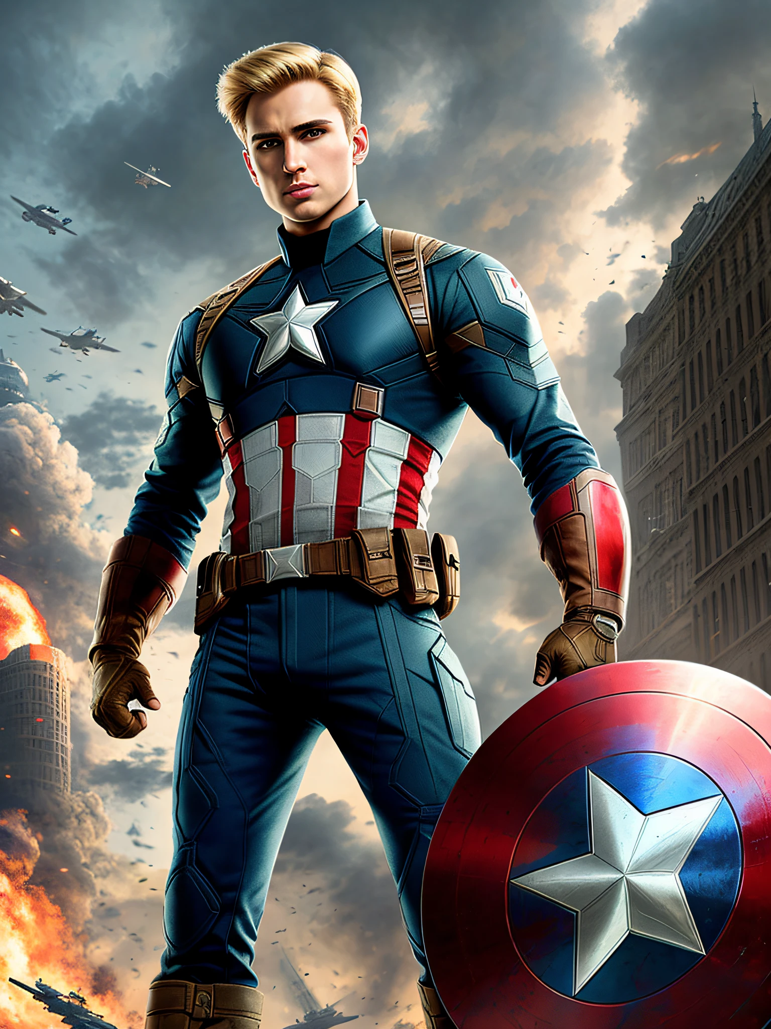 (masterpiece, best quality, super detailed, best shadows), (detailed background,) sci-fi liberator captain america blond young strong confident strong healthy military uniform man