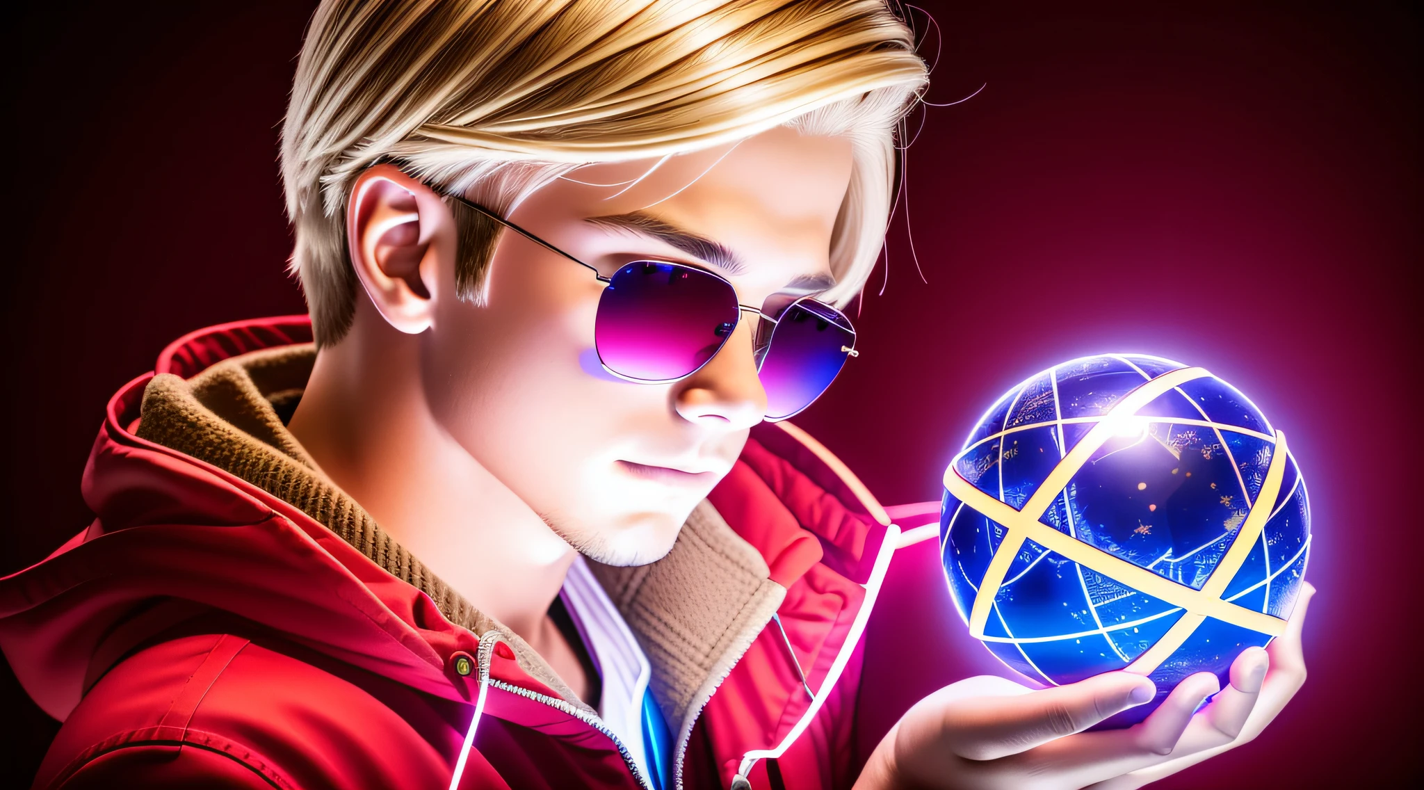 REALISTIC PHOTO, CLOSEUP, LONG BLONDE HAIRED BOY IN RED JACKETS AND SUNGLASSES, holding a glowing ball in his hands, mage pondering his orb, holding a glowing orb of dice, he's casting a lighting spell, holding a glowing orb, holding a crystal ball, psychic, crystal ball, cool marketing photo, stock photo, predicting the future, stock image, plasma globe, well-lit professional photo, magic,