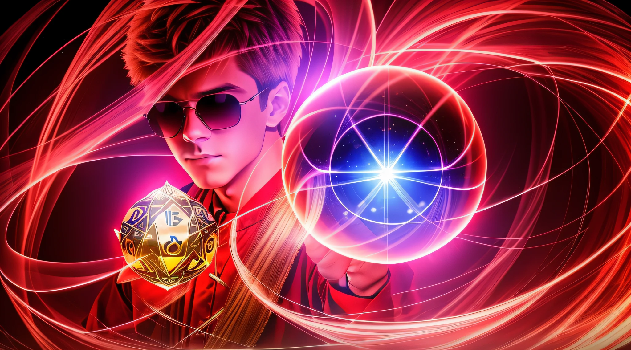 REALISTIC PHOTO, CLOSEUP, LONG BLONDE HAIRED BOY IN RED JACKETS AND SUNGLASSES, holding a glowing ball in his hands, mage pondering his orb, holding a glowing orb of dice, he's casting a lighting spell, holding a glowing orb, holding a crystal ball, psychic, crystal ball, cool marketing photo, stock photo, predicting the future, stock image, plasma globe, well-lit professional photo, magic,