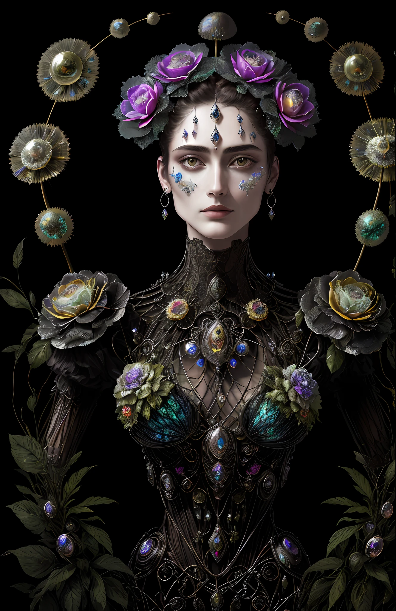 "Rosen maiden, (masterpiece, best quality), (illustration), strange fungal disease dense forest, transparent sticky substance, caustics, crystals, close-up, intricate details, dark background, sparkling spores, rainbow crystals, darkness", made of metal, cyborg: 1.1, [detailed wire]: 1.3, (complex details), HDR, (complex details, hyperdetailed: 1.2),