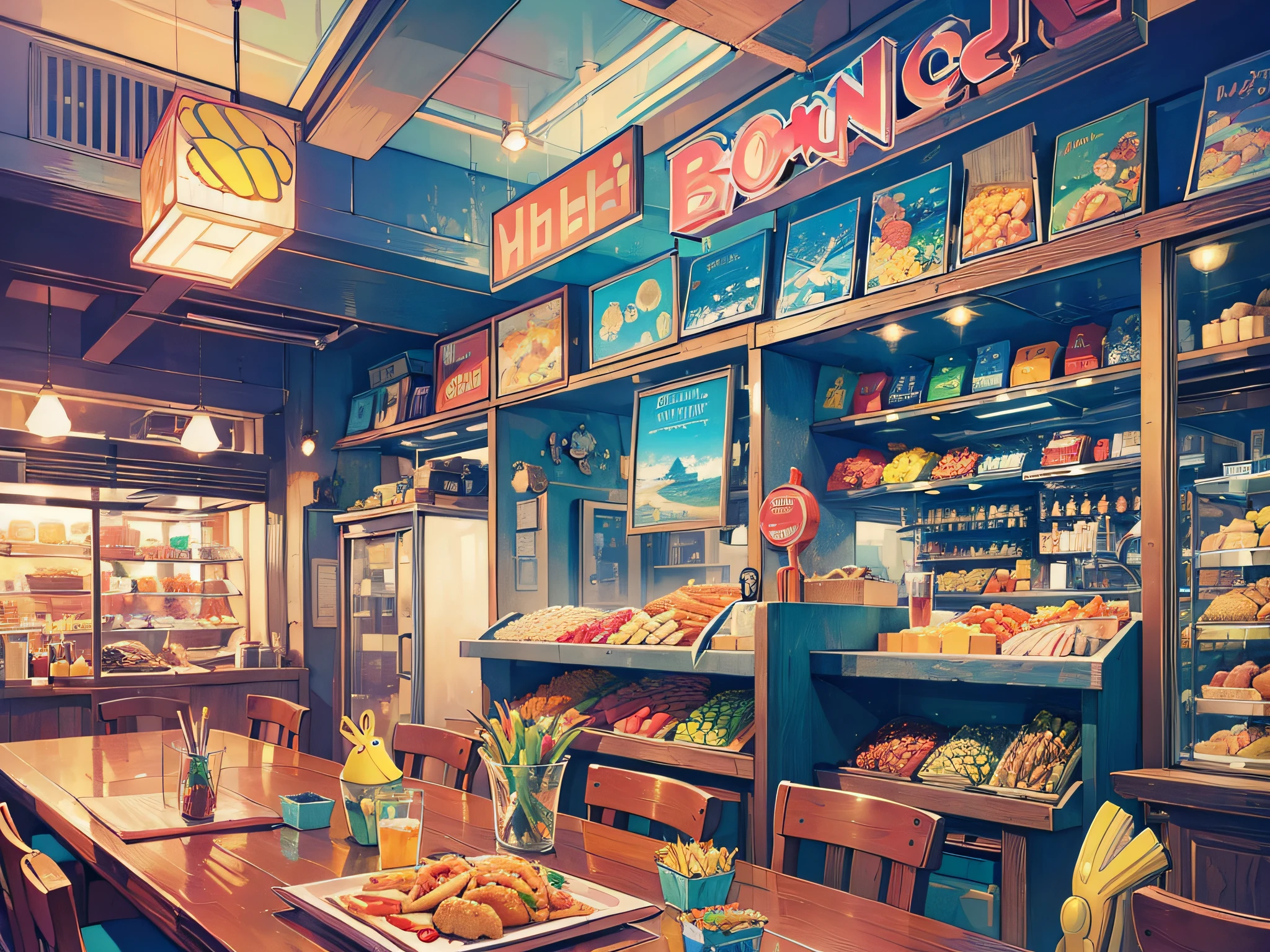 ((best quality)), (((ultradetailed))).(((masterpiece))),illustration/prose。SpongeBob SquarePants, Mr. Krabs, money, Krusty Krab, bustling restaurant, fast food, sea creatures, ocean setting.