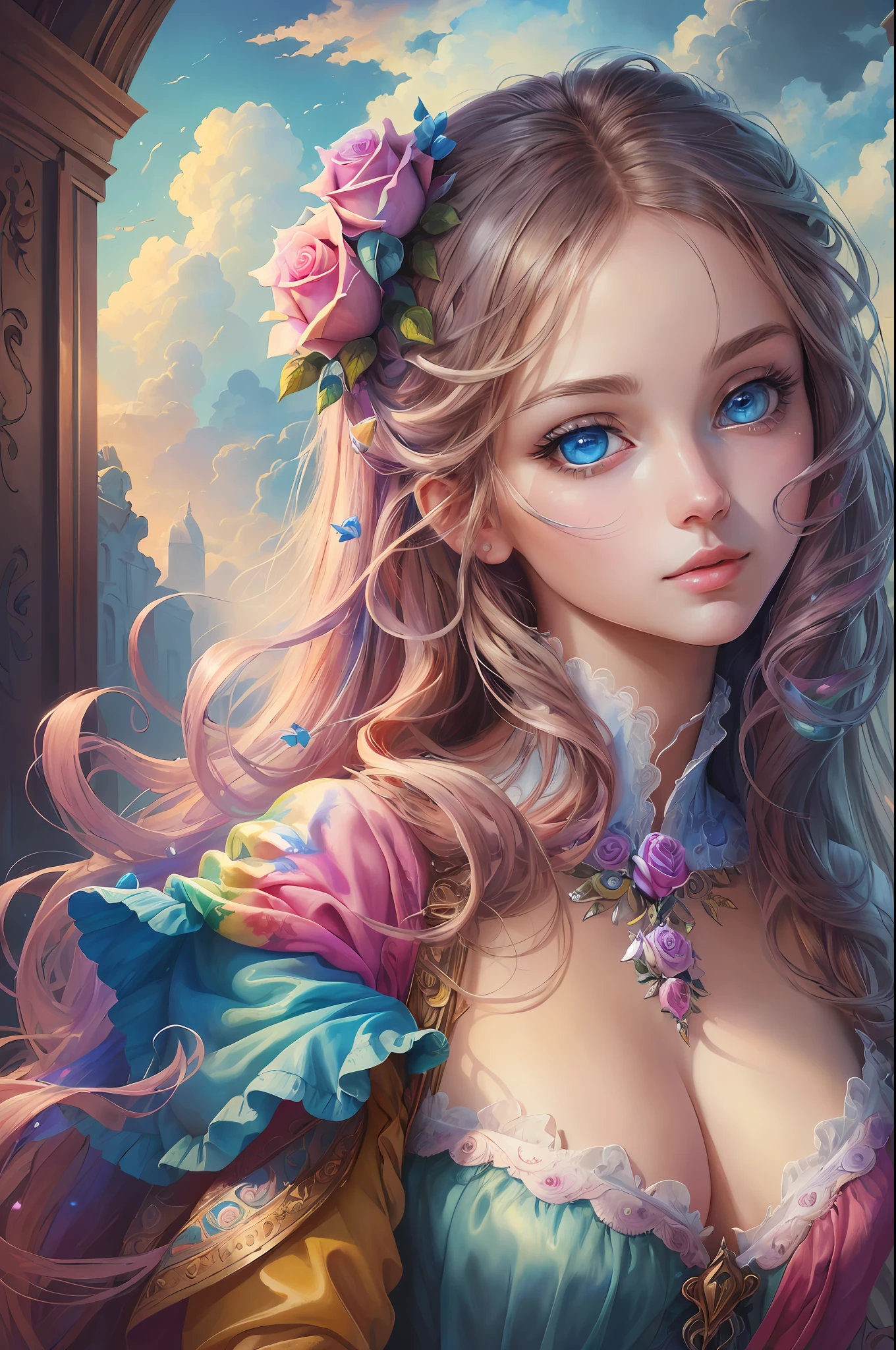 ( Absurd, High quality, ultra-detailed, masterpiece, concept art, smooth, highly detailed artwork, hyper-realistic painting )beautiful eyes(eyes detailed),1 pretty girl, Rose with pink, yellow, and blue color, Rainbow in sky, long hair, dreamy, clouds, Vivid, cute and fantasy, whole body