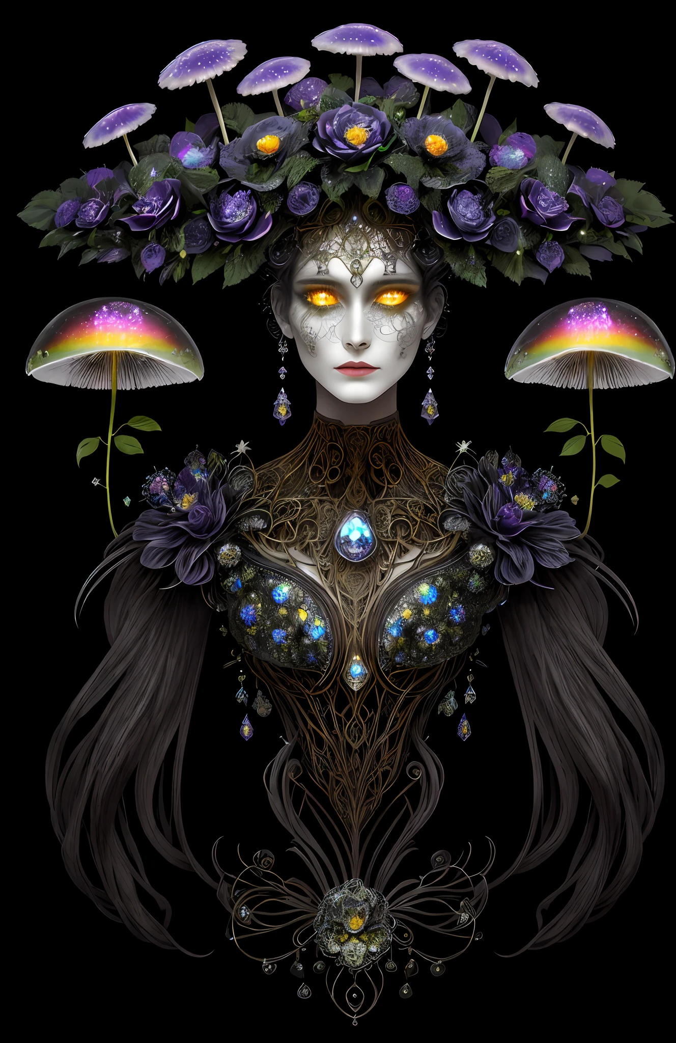"Rosen maiden, (masterpiece, best quality), (illustration), strange fungal disease dense forest, transparent sticky substance, caustics, crystals, close-up, intricate details, dark background, sparkling spores, rainbow crystals, darkness", made of metal, cyborg: 1.1, [detailed wire]: 1.3, (complex details), HDR, (complex details, hyperdetailed: 1.2),
