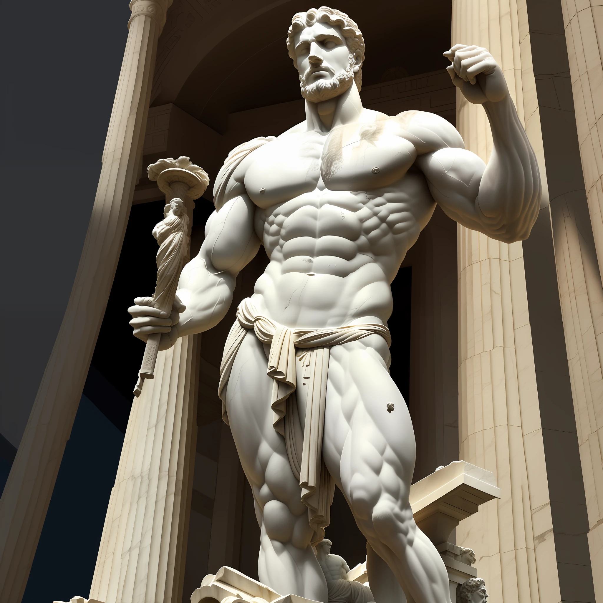 arafed statue of a man holding a candle in front of a building, greek statue, greco roman statue, an ancient greek statue, strong and imposing, statue of hercules, chiseled muscles, bulging muscles, statue of hercules looking angry, greek marble statue, ancient greek statue, large muscles, bodybuilder body, greek god