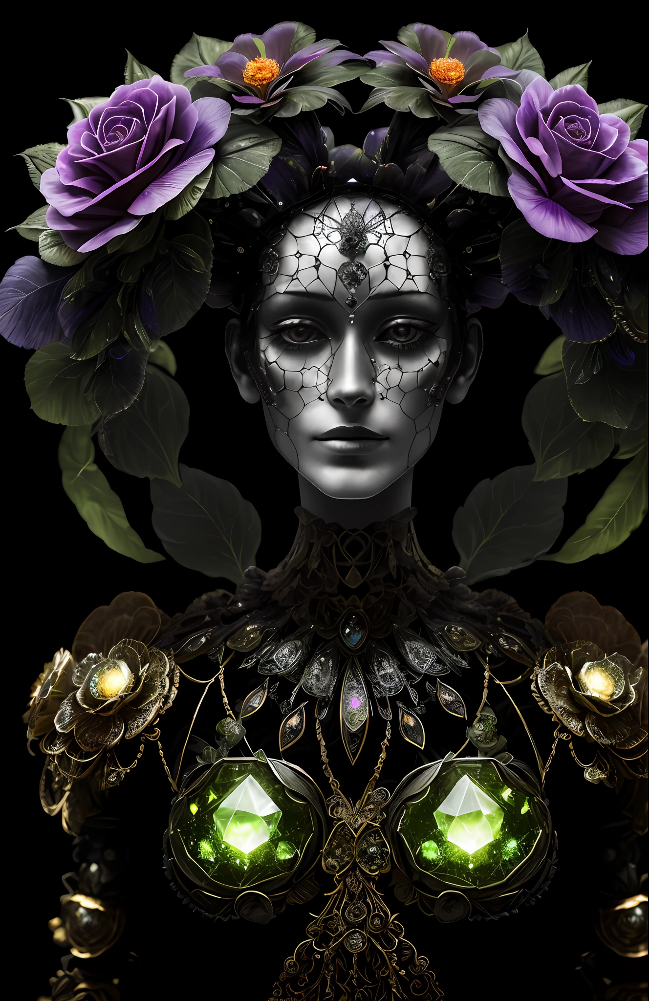 "Rosen maiden, (masterpiece, best quality), (illustration), strange fungal disease dense forest, transparent sticky substance, caustics, crystals, close-up, intricate details, dark background, sparkling spores, rainbow crystals, darkness", made of metal, cyborg: 1.1, [detailed wire]: 1.3, (complex details), HDR, (complex details, hyperdetailed: 1.2),