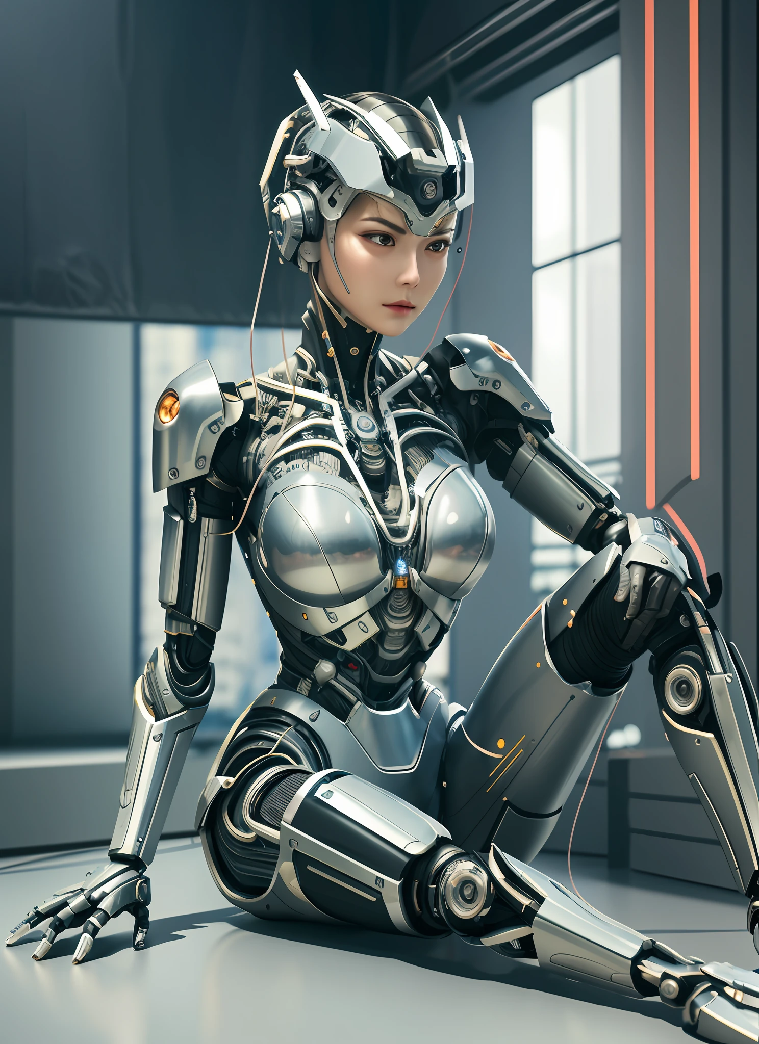 Complex 3D rendering Ultra-detailed woman android face with beautiful porcelain silhouette, cyborg, robot part, 150 mm, beautiful studio soft light, edge light, vibrant detailing, luxury cyberpunk, lace, surreal, anatomy, facial muscles, cable wire, microchip, elegant, beautiful background, octane rendering, h. r. giger style, 8k, best quality, masterpiece, Illustrations, An extremely refined and beautiful, very detailed, CG, unity, wallpaper, (Realistic, photorealistic: 1.37), amazing, fine details, masterpiece, best quality, official art, extremely detailed CG Unity 8k wallpaper, ridiculous, incredibly ridiculous, robot, silver halmet, full body, sitting