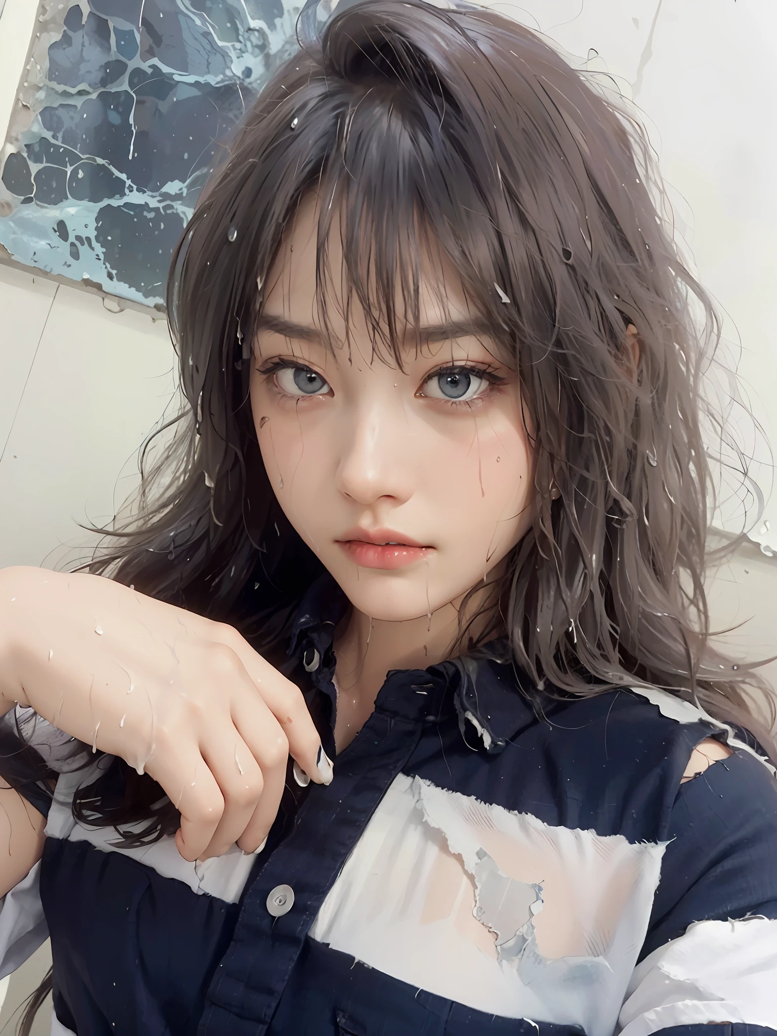 best image quality, masterpiece, super high resolution, (fidelity:1.4), photo, 1 girl, white shirt, torn jeans, white sneakers, dim, darkness, despair, pity, poor, movie, tears, teardrops, (torn clothes:1.5), (wet clothes:1.4), bare shoulders, real rain, wet hair,..